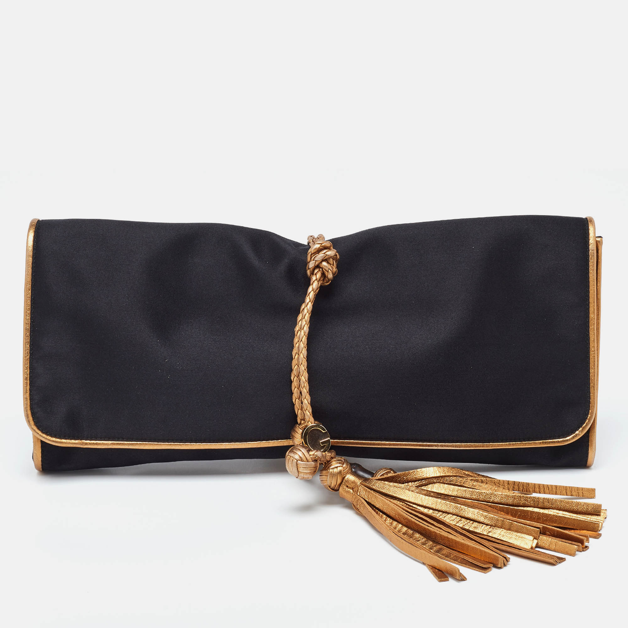 Gucci Black/Gold Satin Malika Tassel Clutch