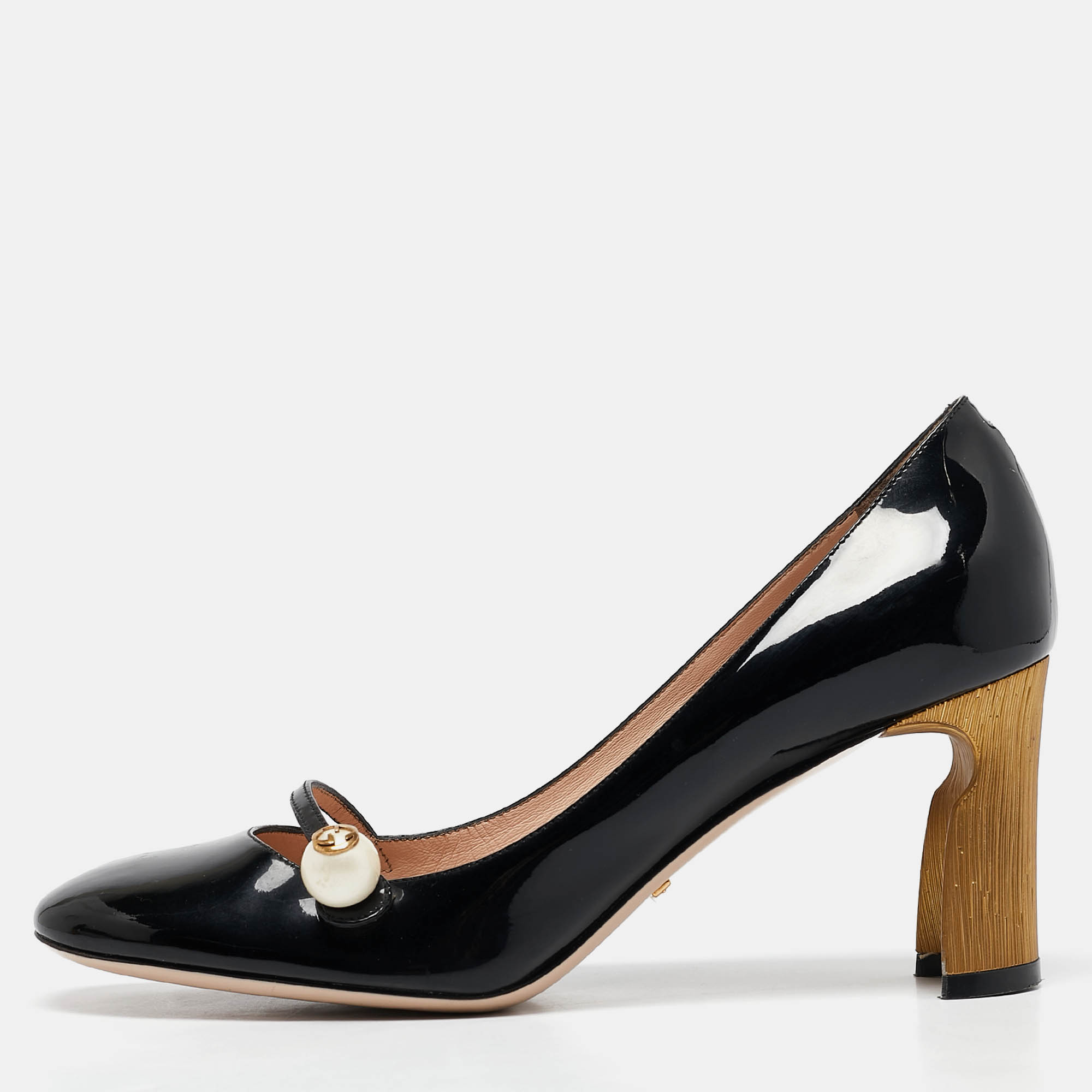 Gucci Black Patent Leather Arille Pearl Pumps Size 39