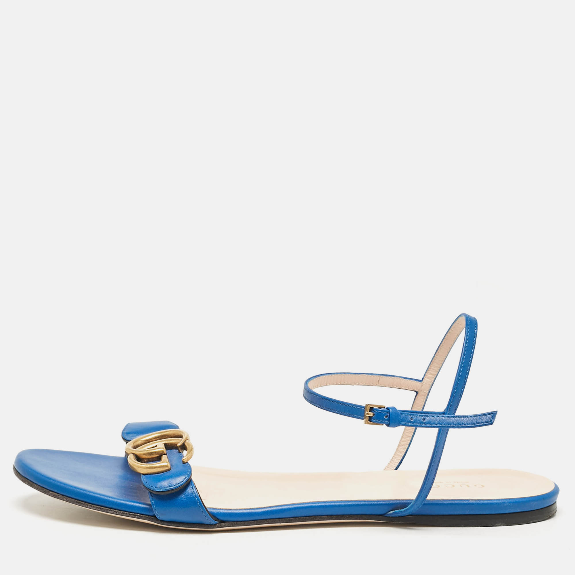 Gucci Blue Leather GG Marmont Flat Sandals Size 39.5