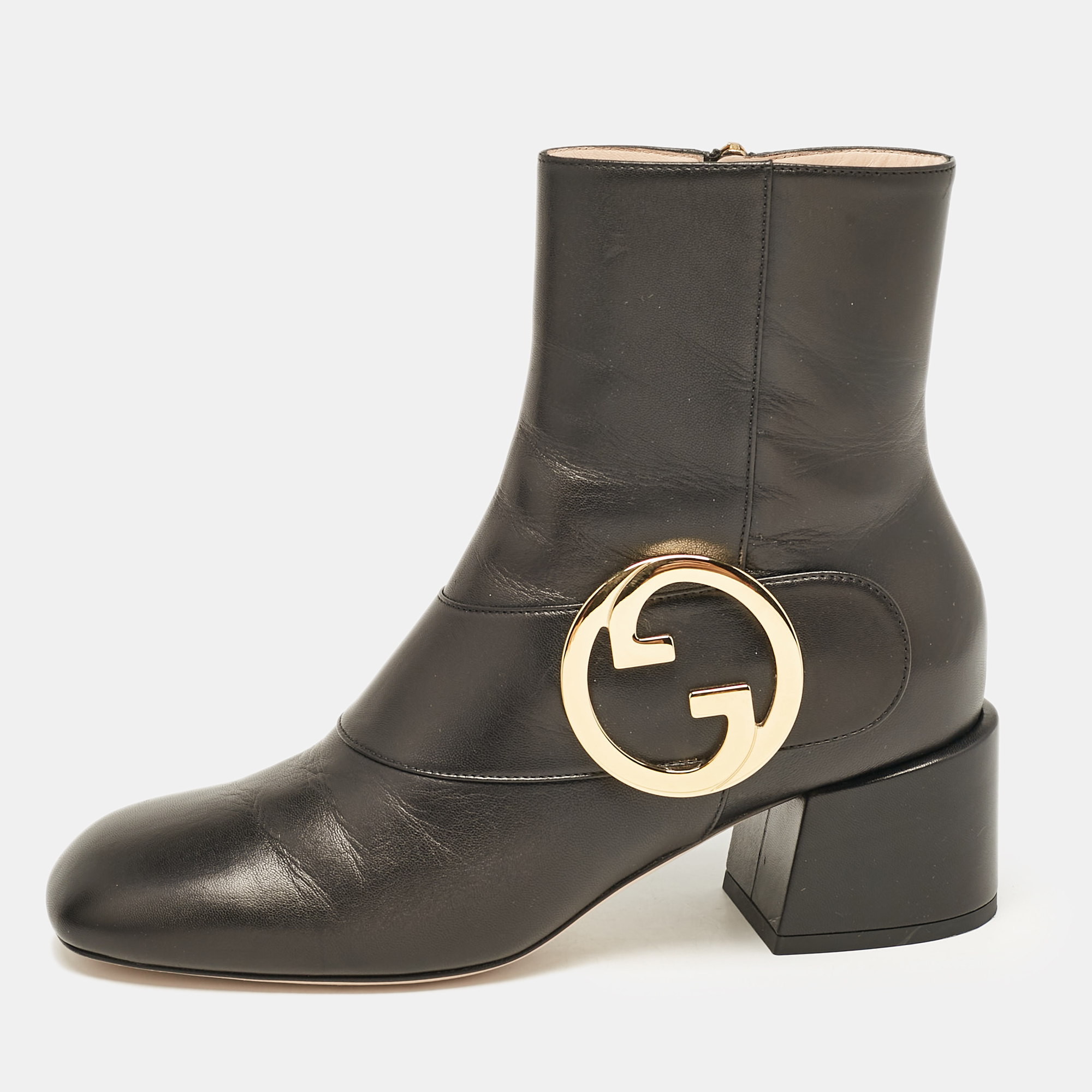 Gucci Black Leather GG Blondie Ankle Boots Size 38