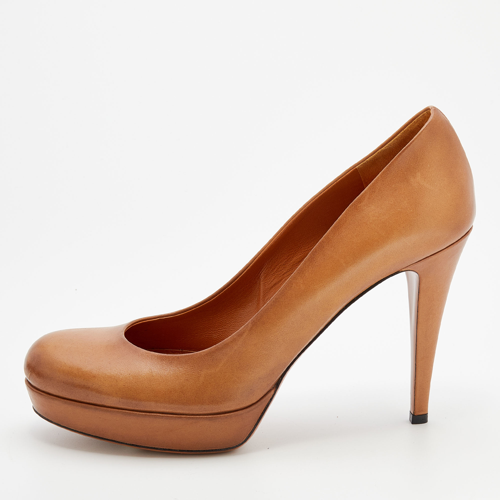 Gucci Brown Leather Round Toe Platform Pumps Size 39