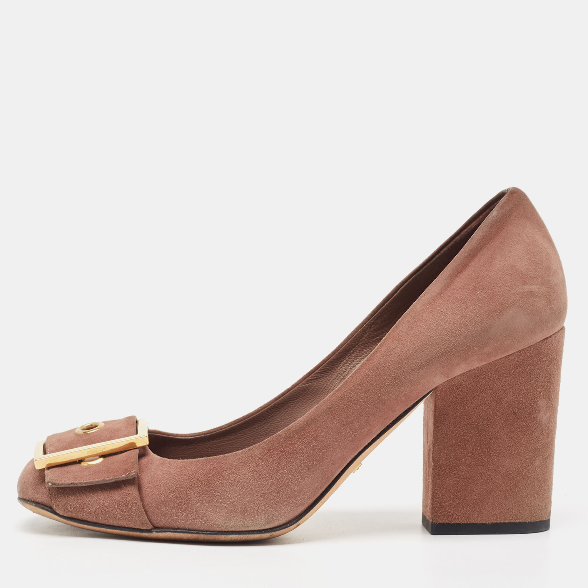 Gucci Brown Suede Buckle Detail Block Heel Pumps Size 39