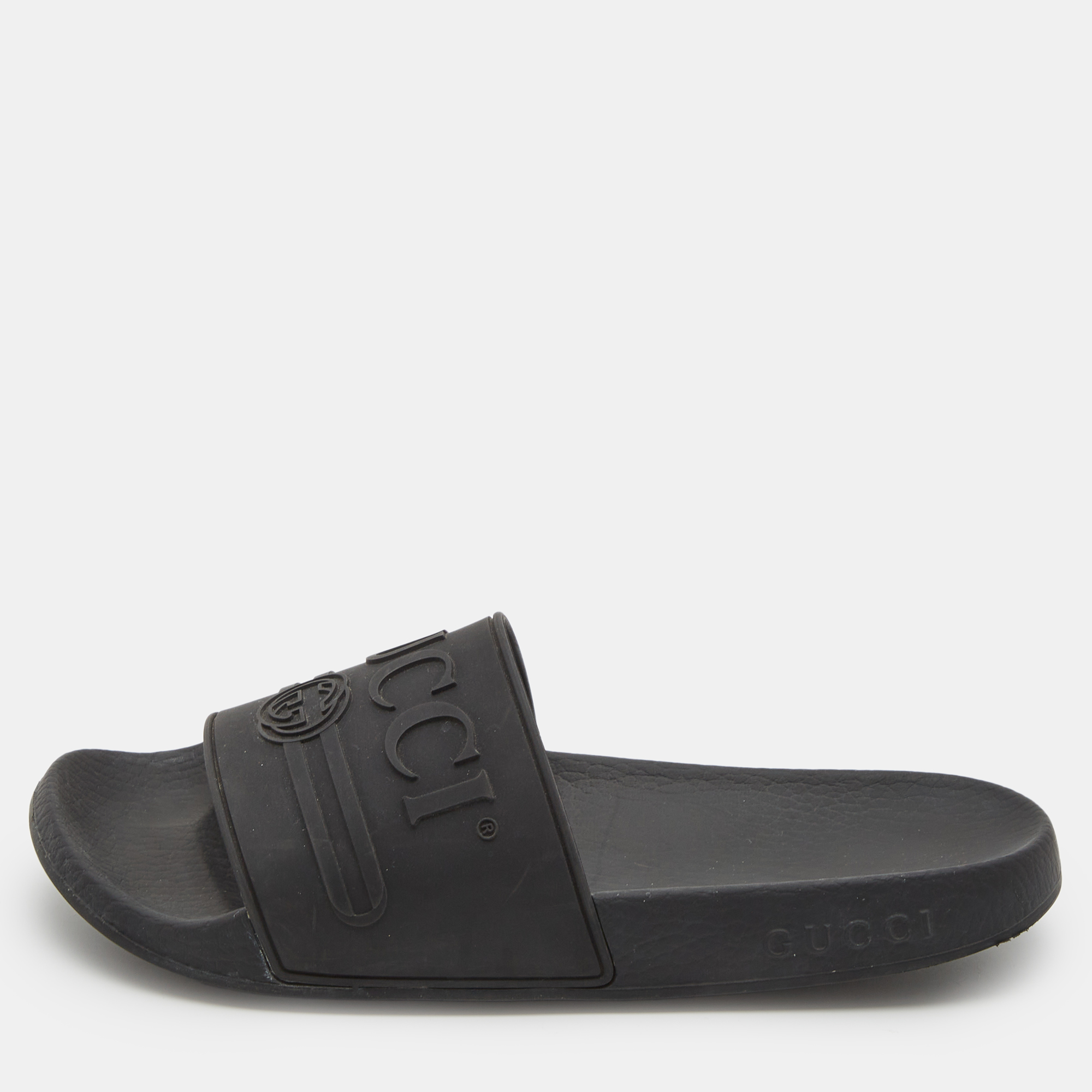 Gucci Black Rubber Logo Pool Slides Size 37