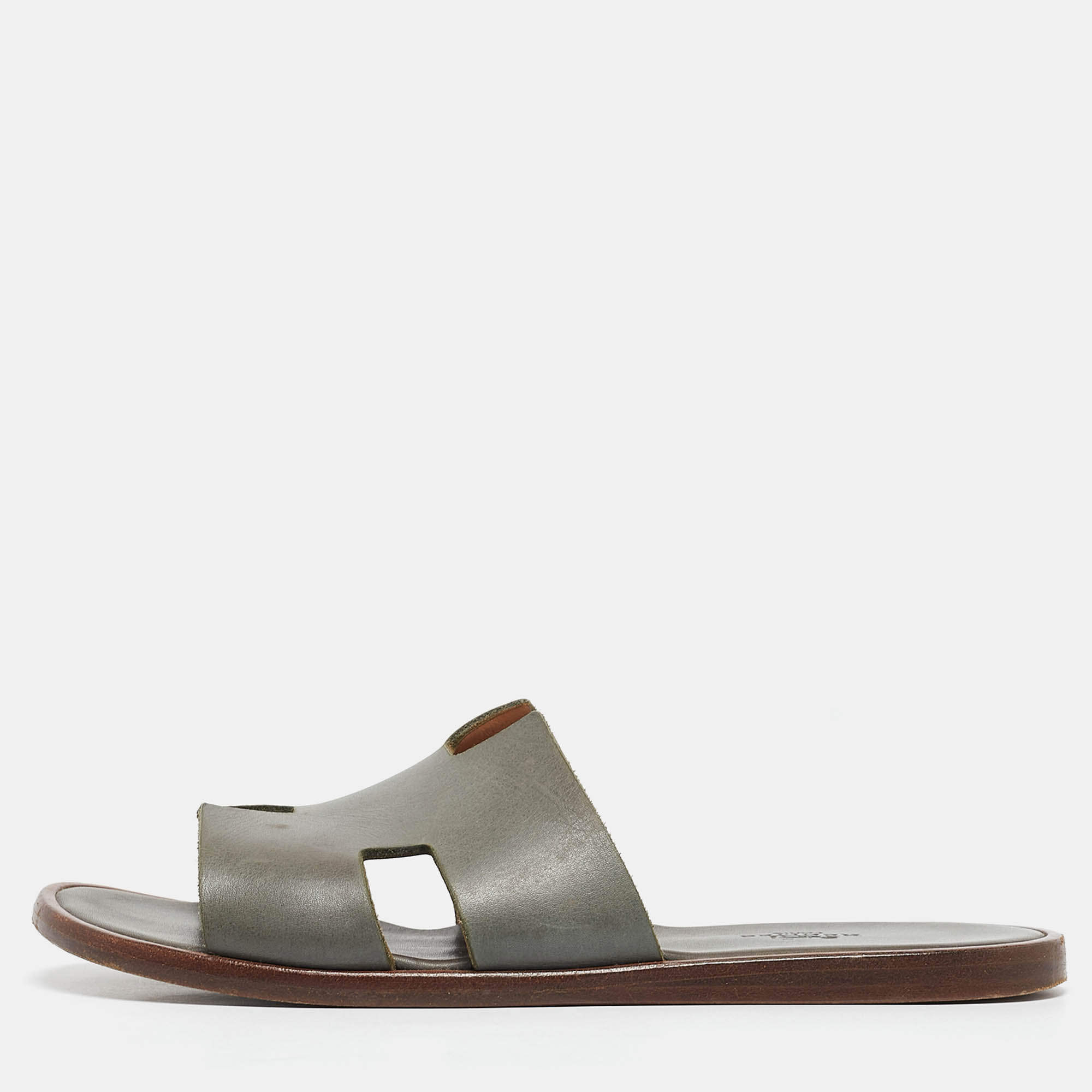 Hermes Grey Leather Izmir Flat Sandals Size 40