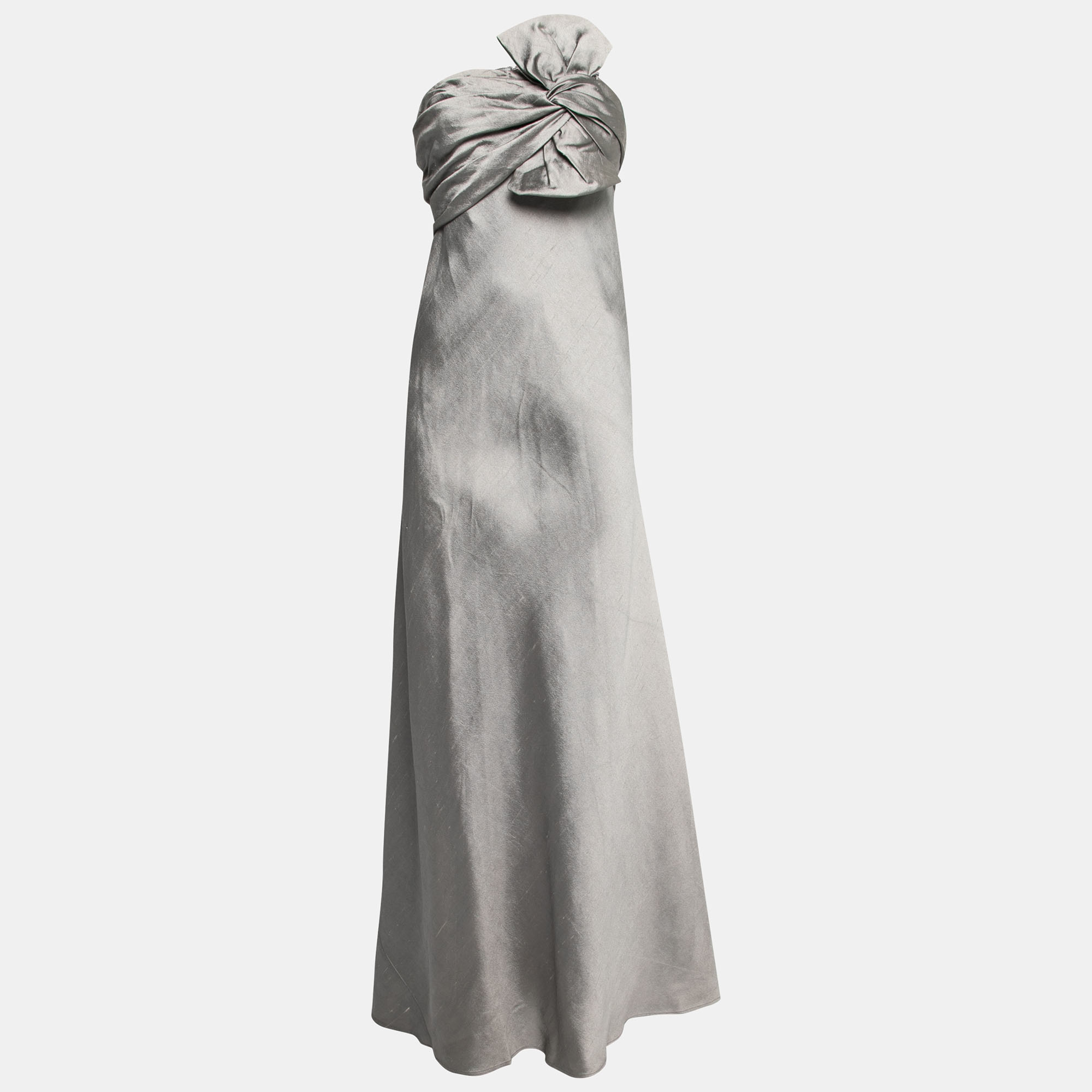 J Mendel Grey Silk Blend Strapless Front Bow Detail Gown L