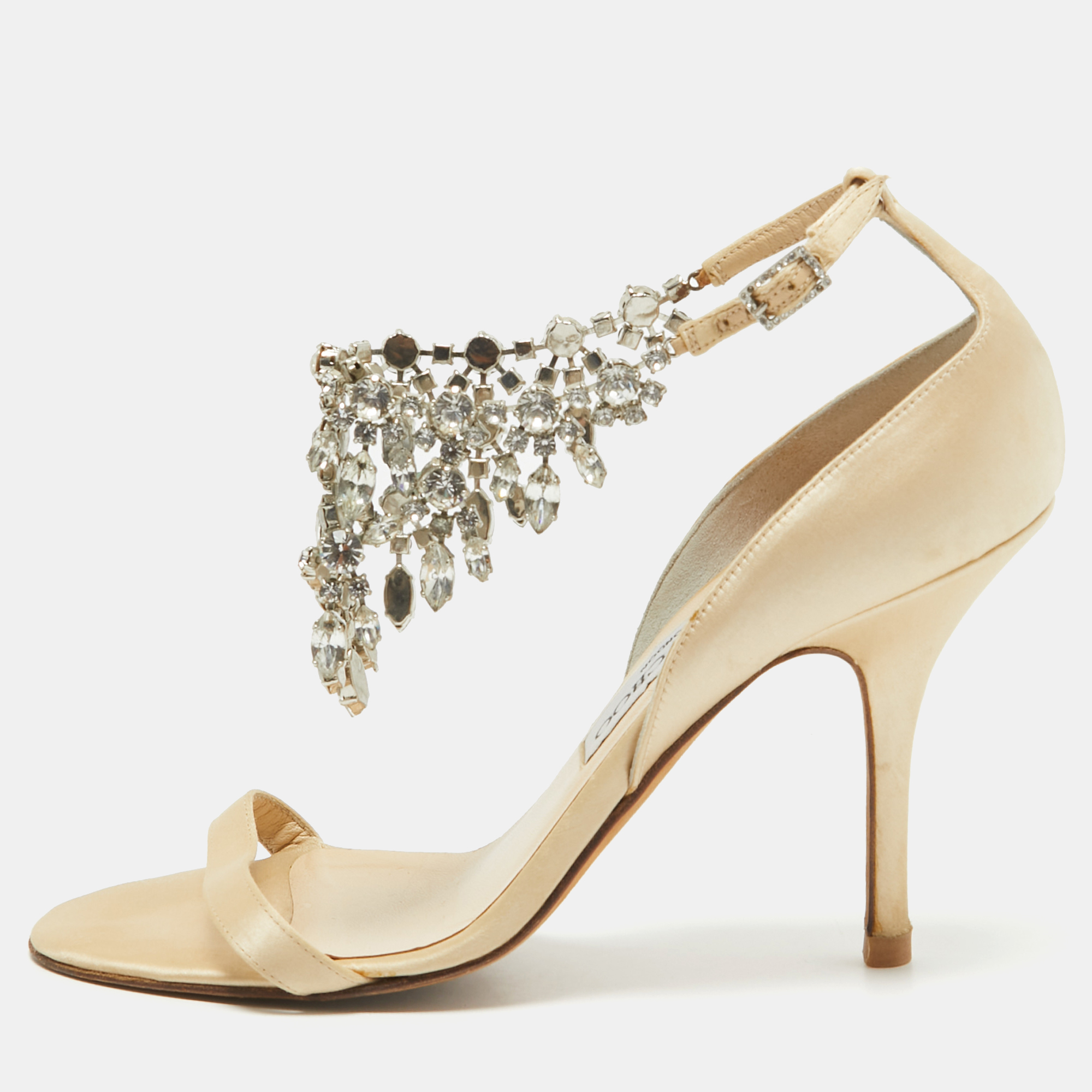 Jimmy Choo Gold Satin Crystal Embellished Ankle Strap Sandals Size 38