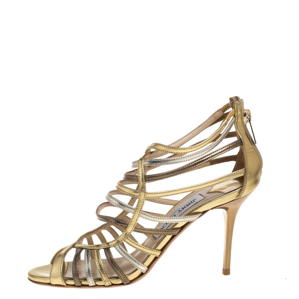  Jimmy Choo Gold/Silver Leather Cage Sandals Size 36.5