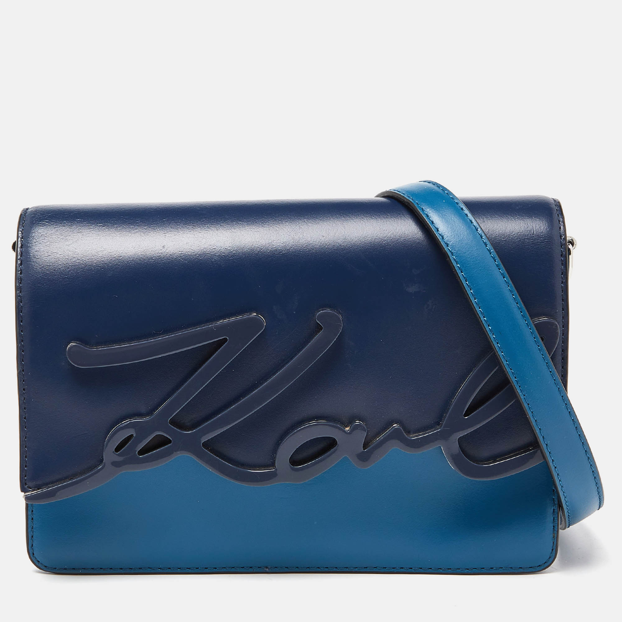 Karl Lagerfeld Two Tone Blue Leather K/IKONIK Shoulder Bag