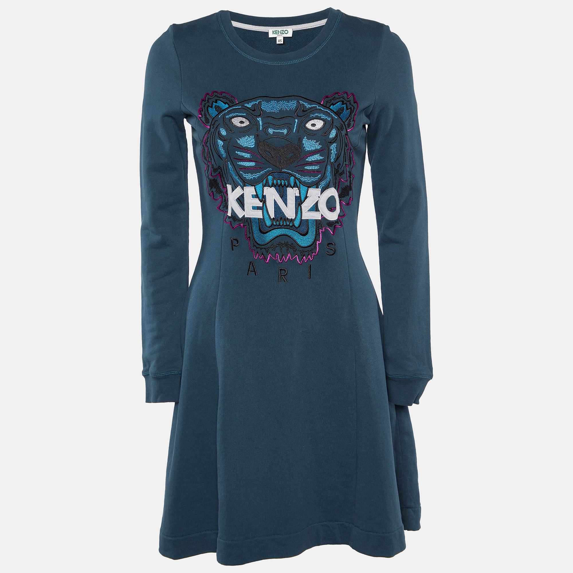 Kenzo Teal Green Tiger Embroidered Cotton Mini Dress S