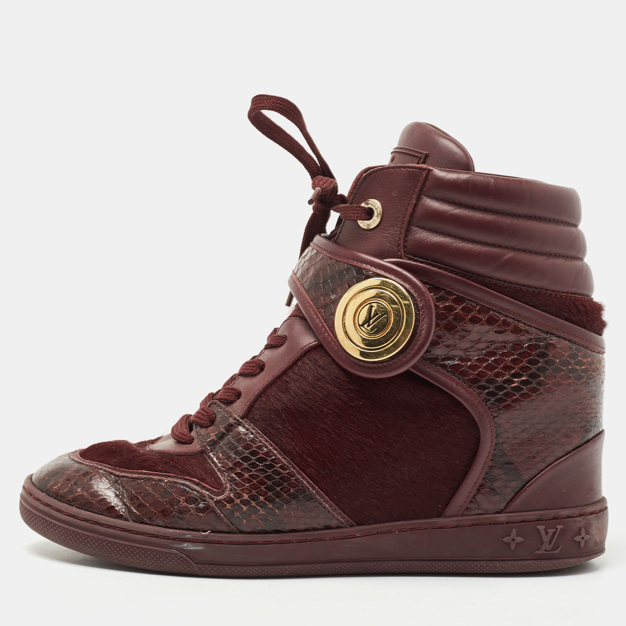 Louis Vuitton Burgundy Calf Hair and Python Leather High Top Sneakers Size 37.5