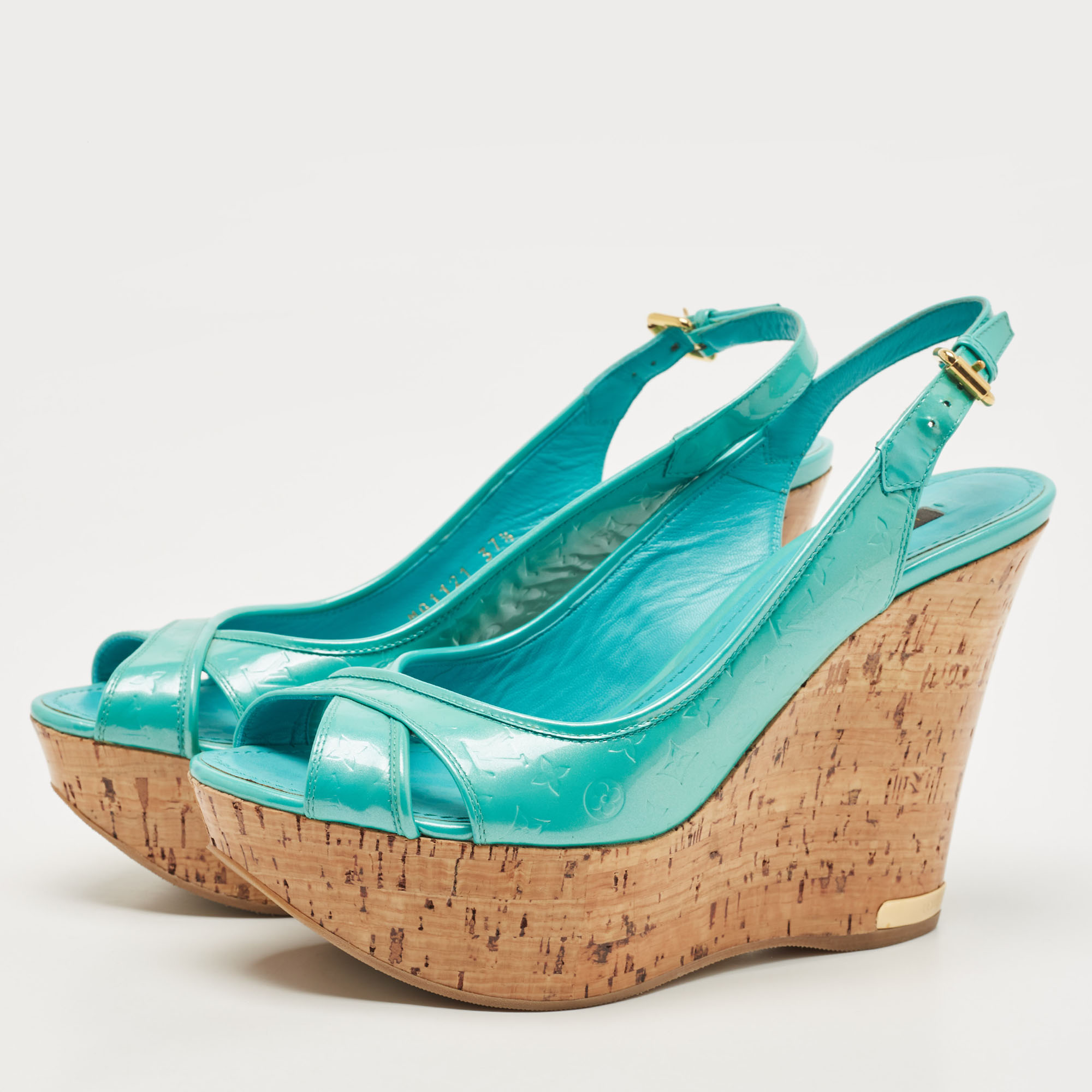   The Luxury Closet Louis Vuitton Turquoise Monogram Embossed Patent Leather Cork Wedge Slingback Sandals Size 37.5