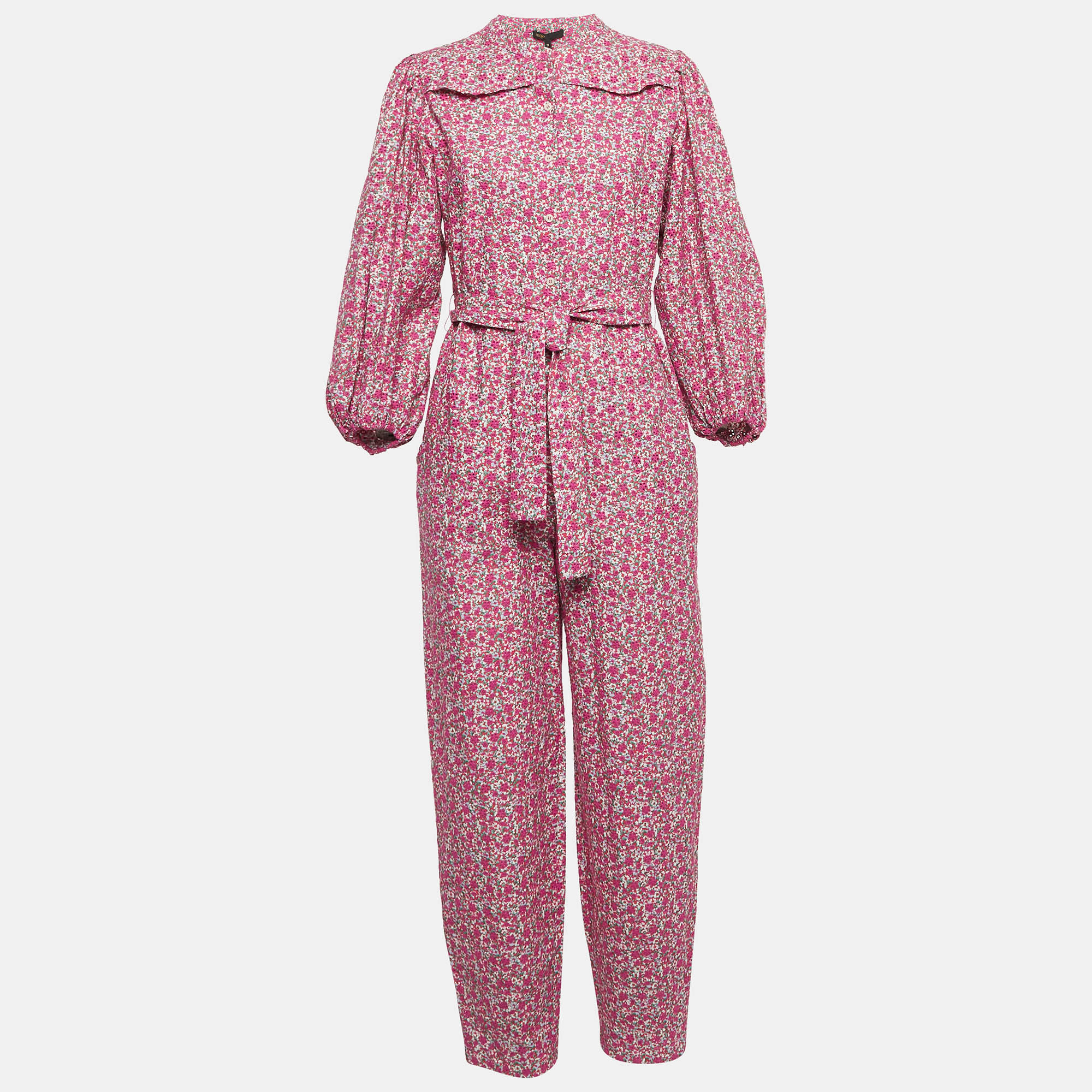   The Luxury Closet Maje Pink Imprime Fleu Print Cotton Puff Sleeve Jumpsuit M