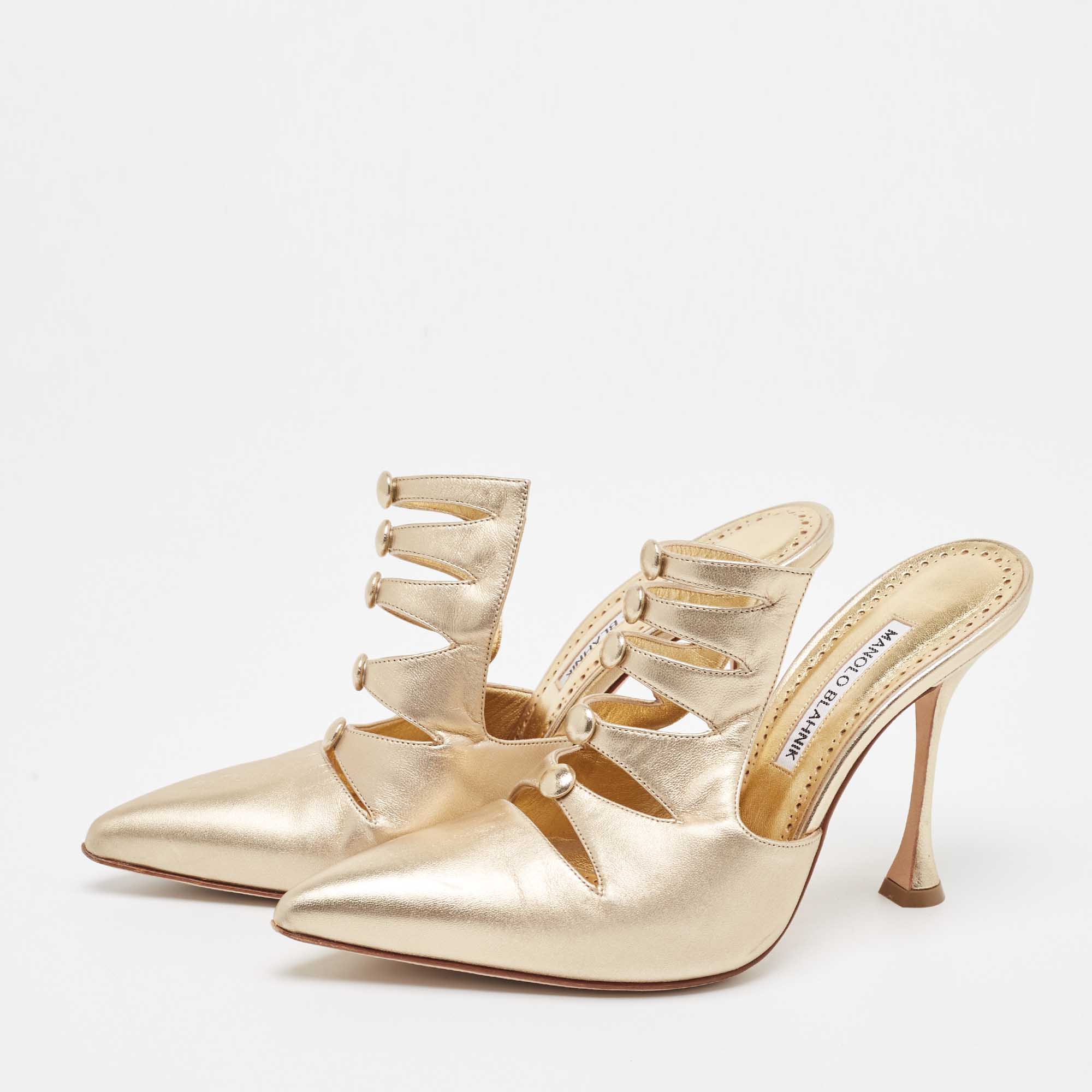 Sandals  The Luxury Closet Manolo Blahnik Metallic Gold  Leather Mules Size 38