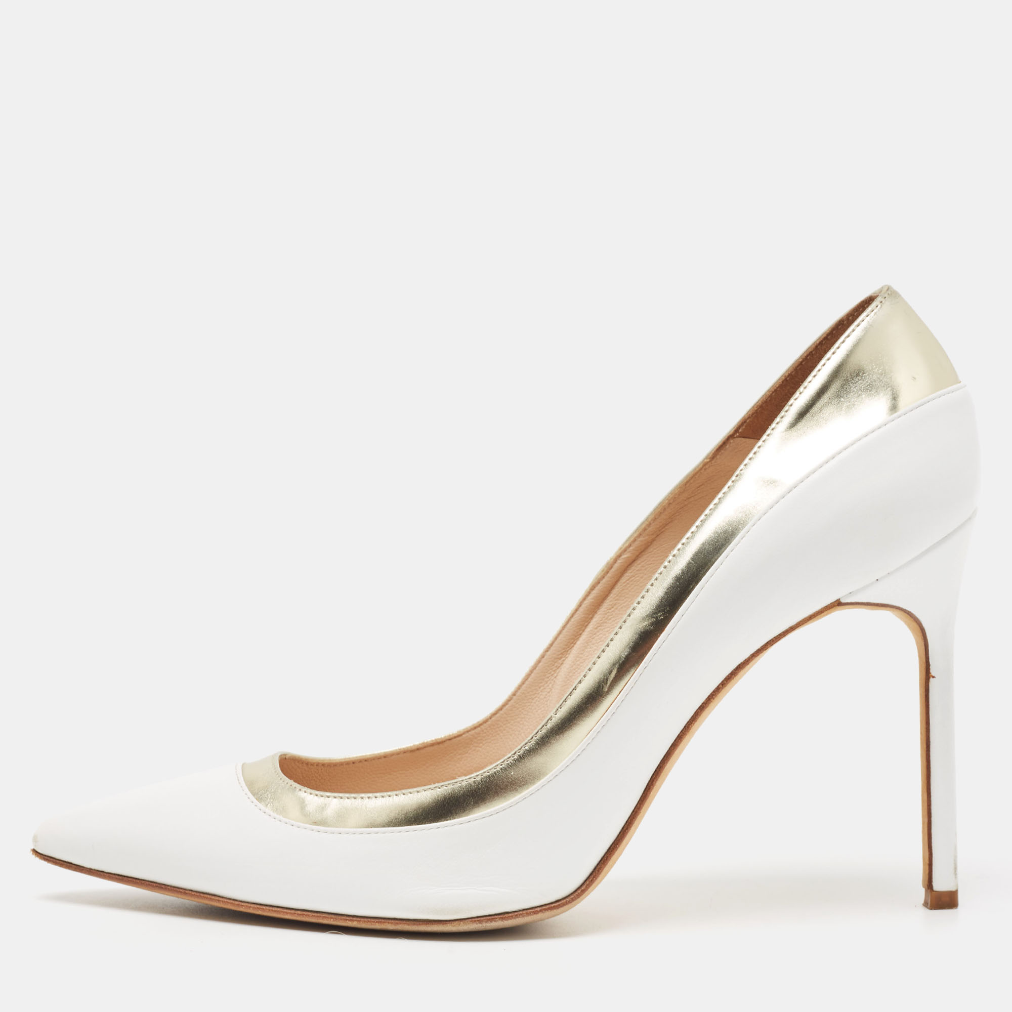 Manolo Blahnik White/Gold Leather Pointed Toe Pumps Size 40