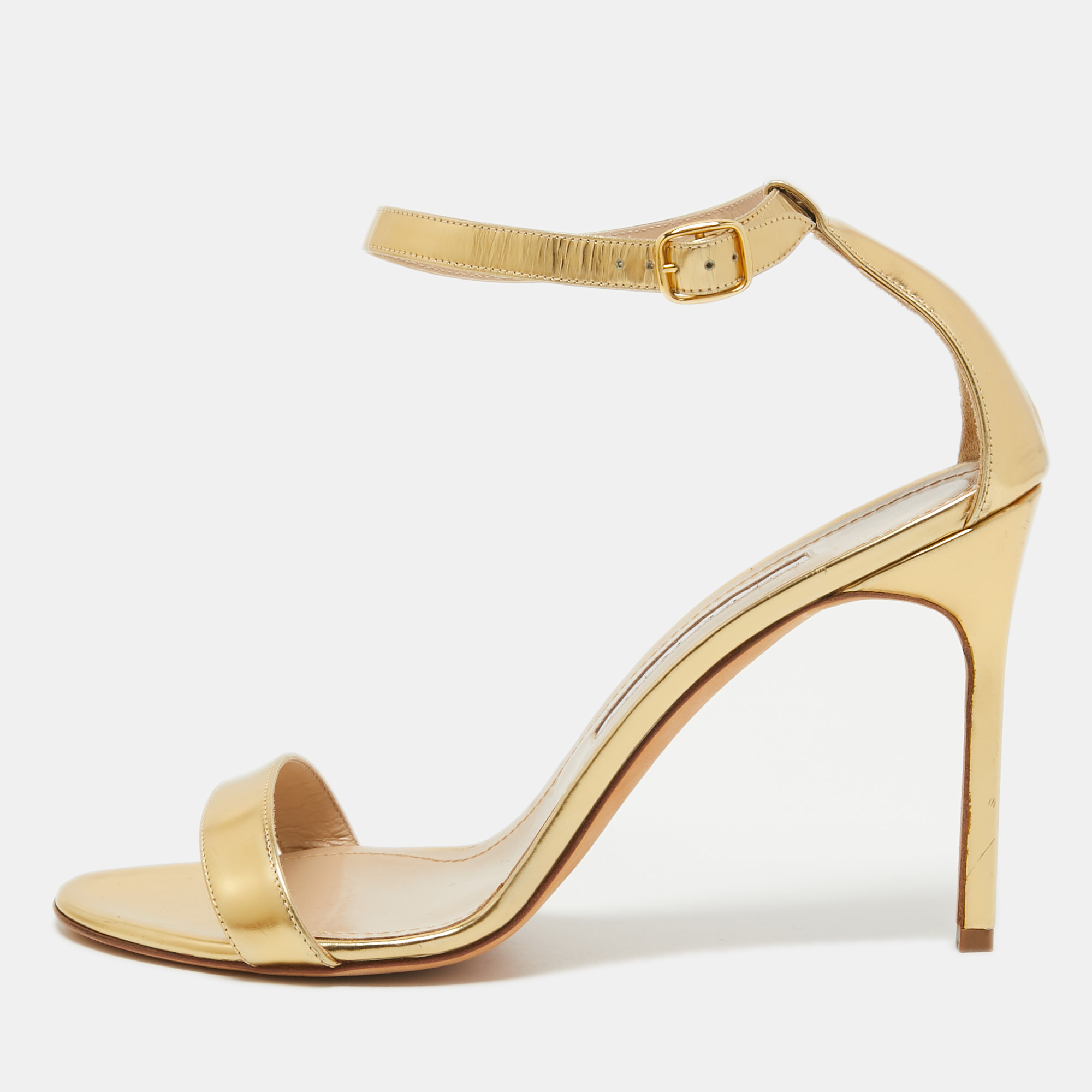 Manolo Blahnik Gold Leather Ankle Strap Sandals Size  40