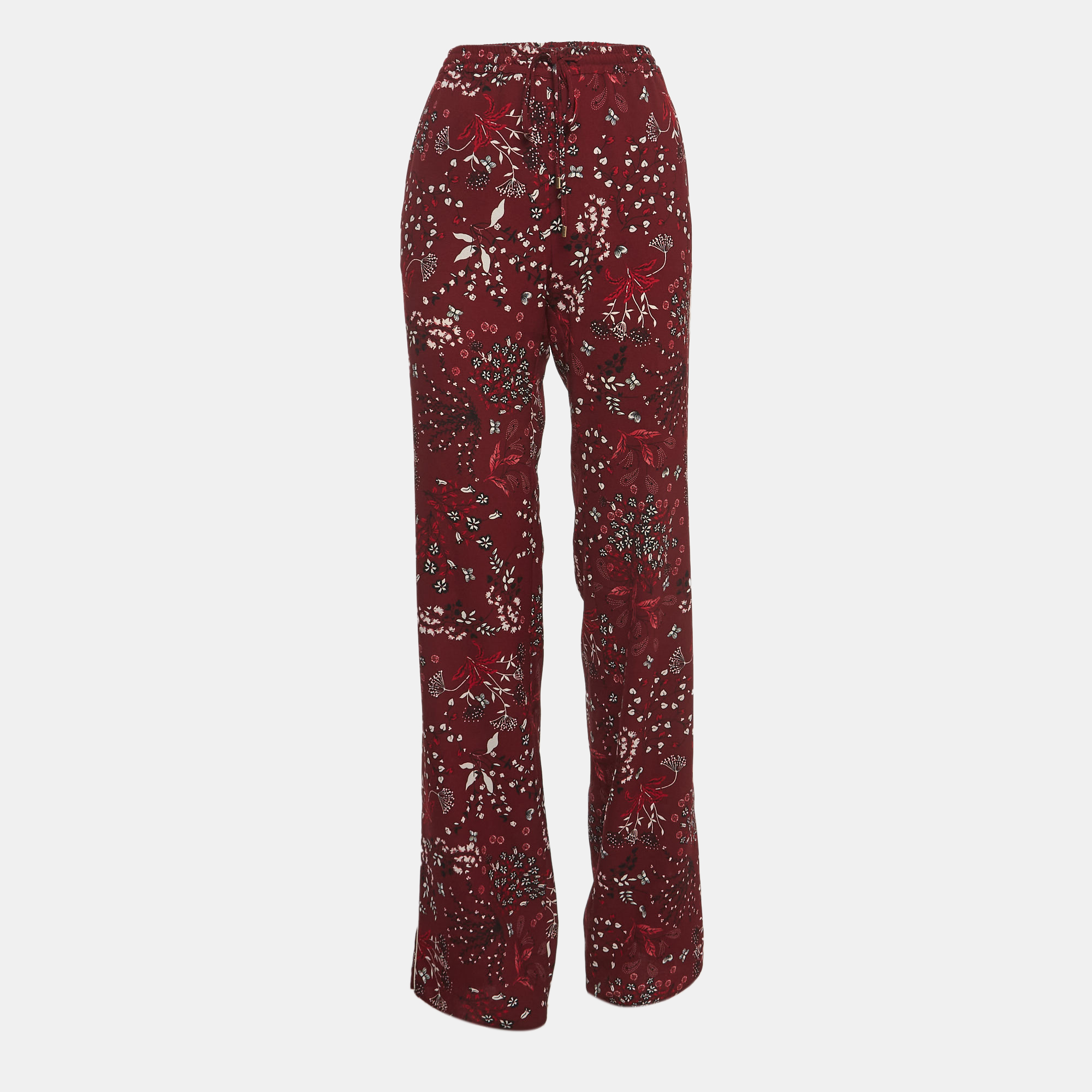 Max Mara Studio Burgundy Floral Print Crepe Drawstring Palazzo Pants M