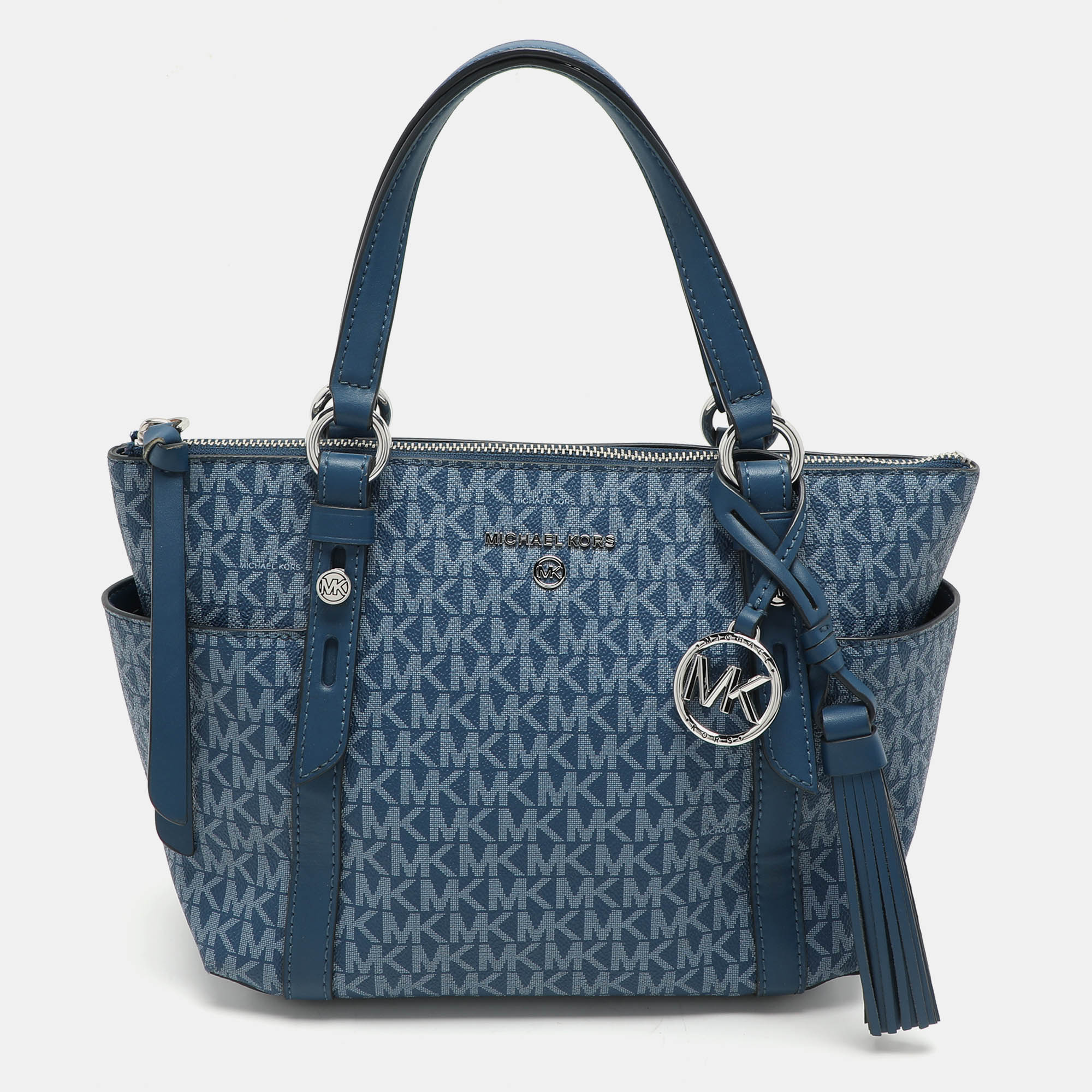 Michael Kors Blue Signature Coated Canvas and Leather Sullivan Satchel