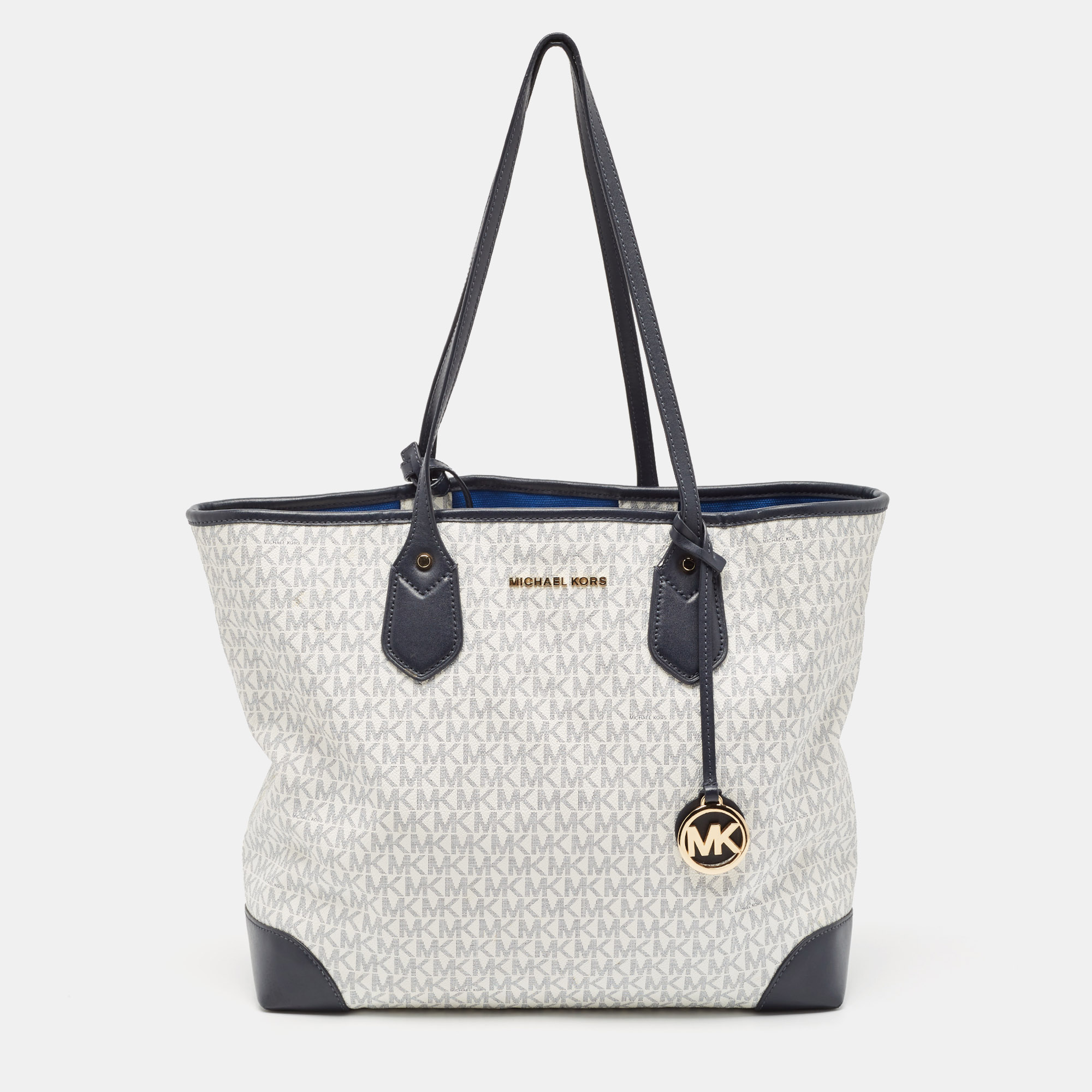 Tote Handbags  The Luxury Closet Michael Kors Navy Blue/White Signature Coated Canvas and Leather Large Eva Tote