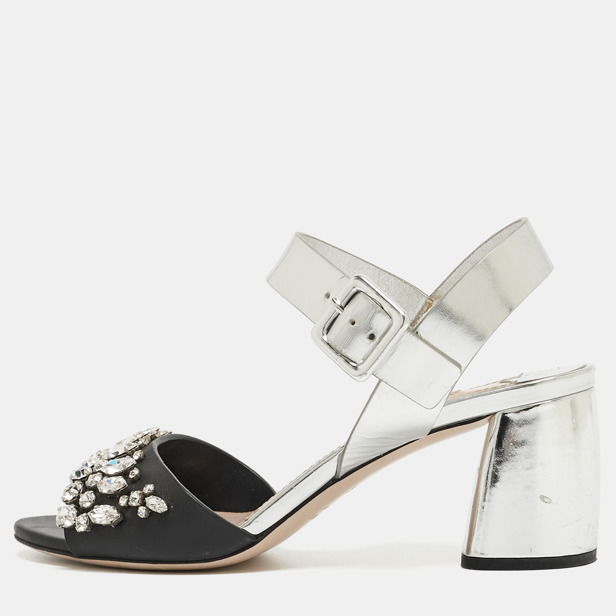 Miu Miu Silver/Black Leather Crystal Embellished Ankle Strap Sandals Size 35.5