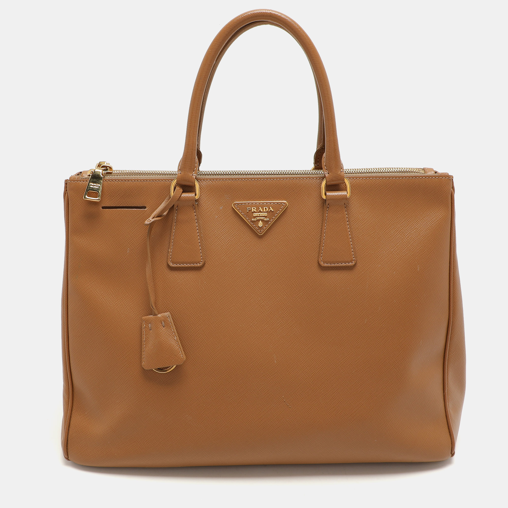 Prada Caramel Saffiano Lux Leather Large Galleria Double Zip Tote