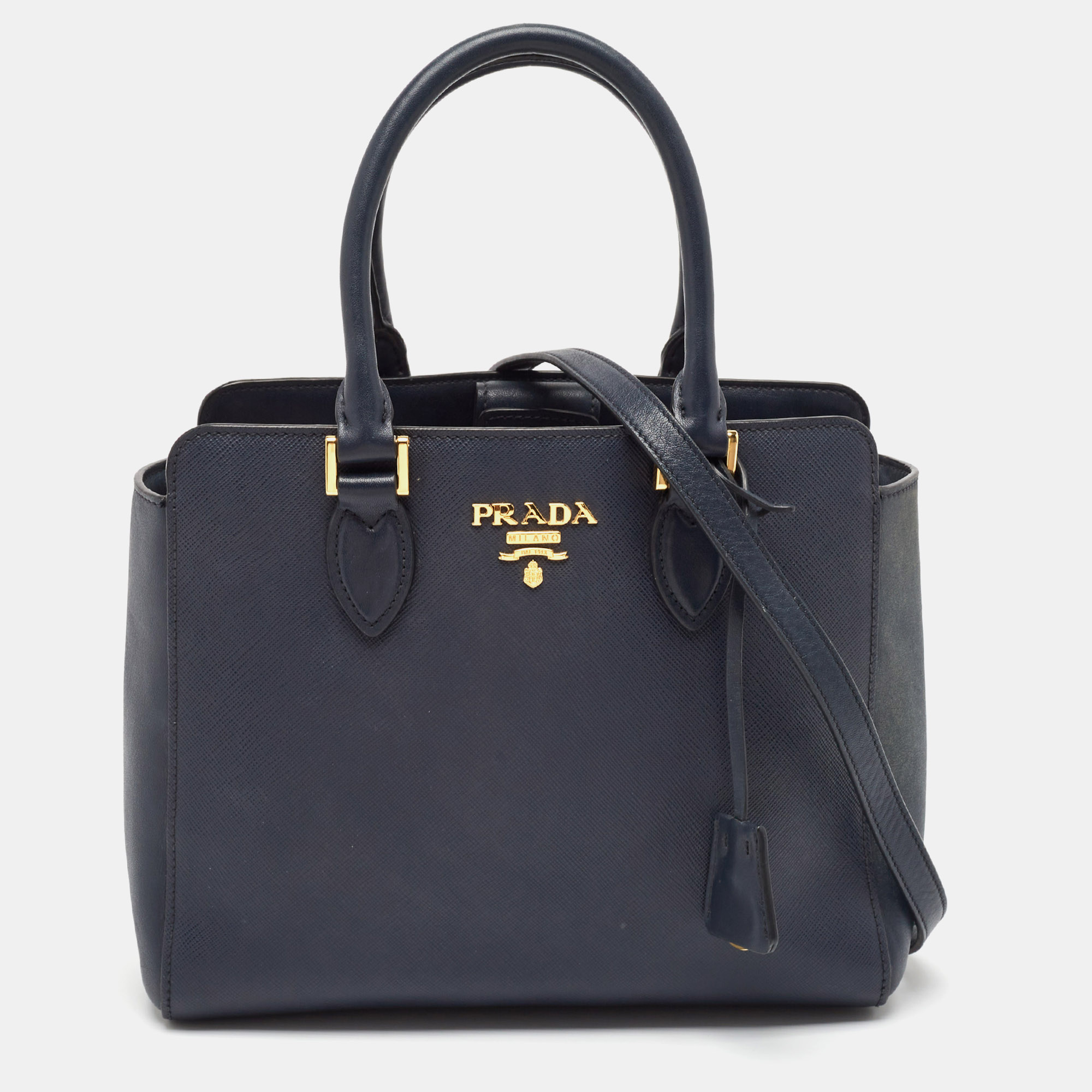 Prada Navy Blue Saffiano Lux and Soft Leather Small Tote