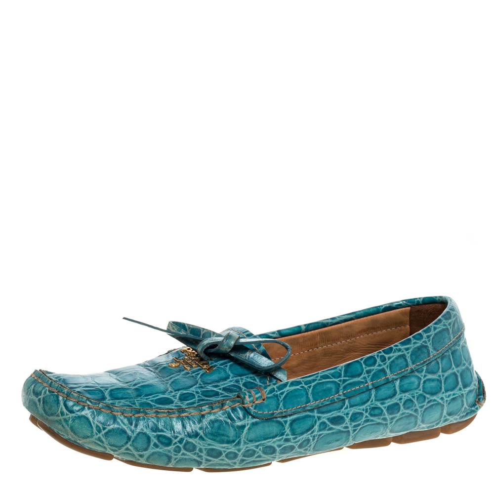 Prada Blue Crocodile Leather Bow Slip On Loafers 39