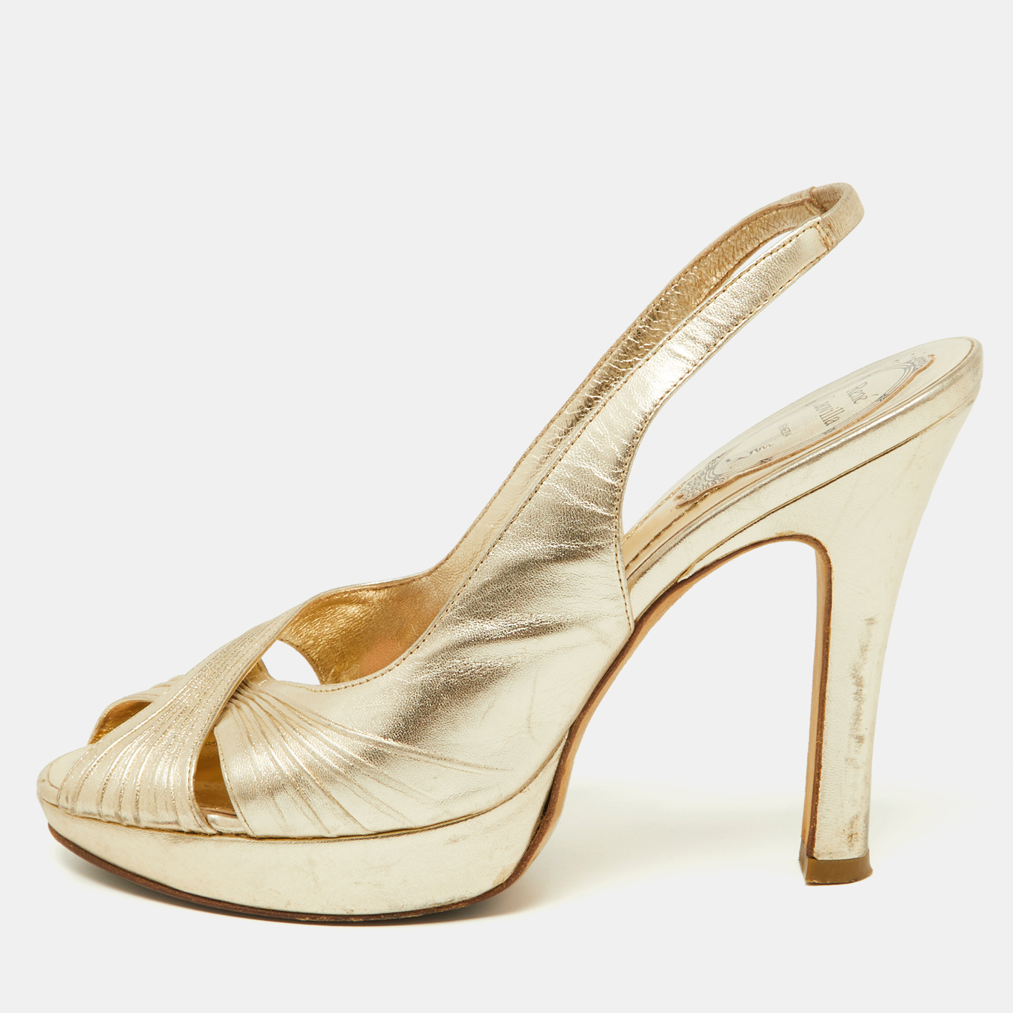 René Caovilla Gold Pleated Leather Cross Strap Slingback Sandals Size 39