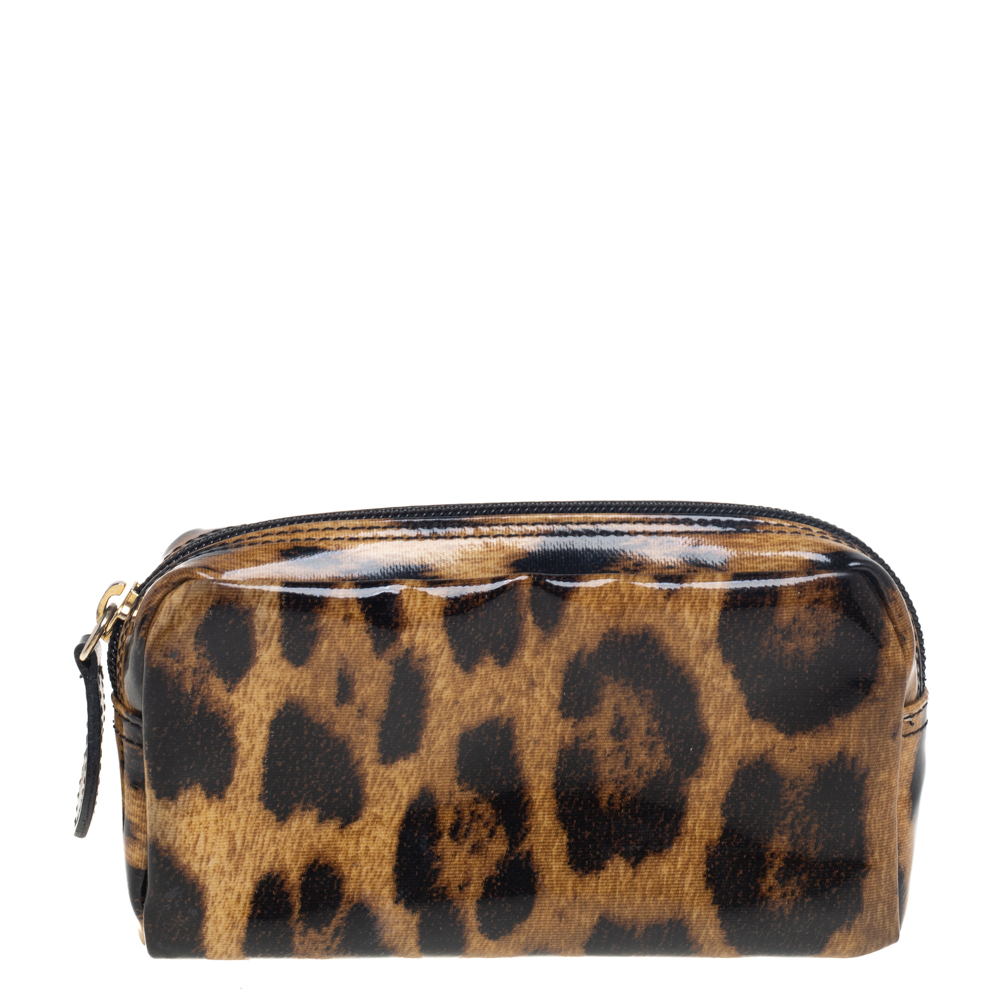 Luggage Accessories Roberto Cavalli Beige/Brown Leopard Print Patent Leather Cosmetic Pouch