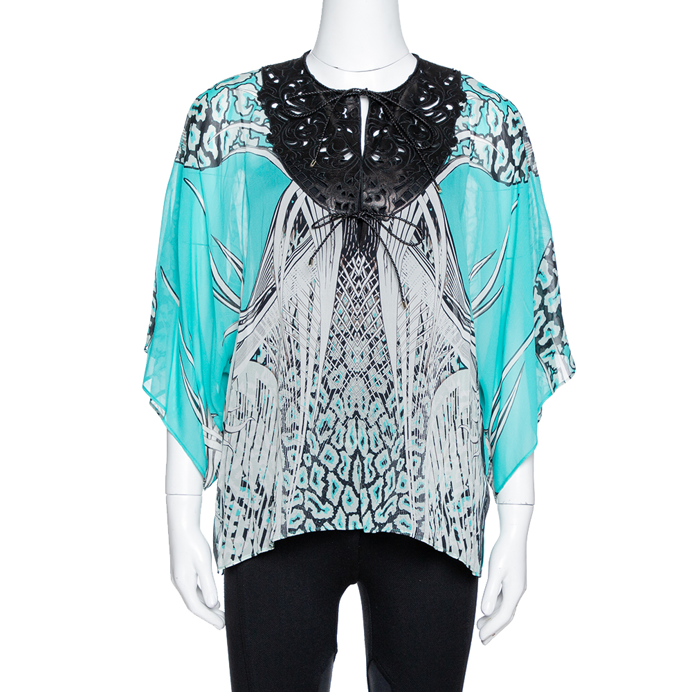 Roberto Cavalli Turquoise Blue Printed Silk Leather Trim Kaftan Top M