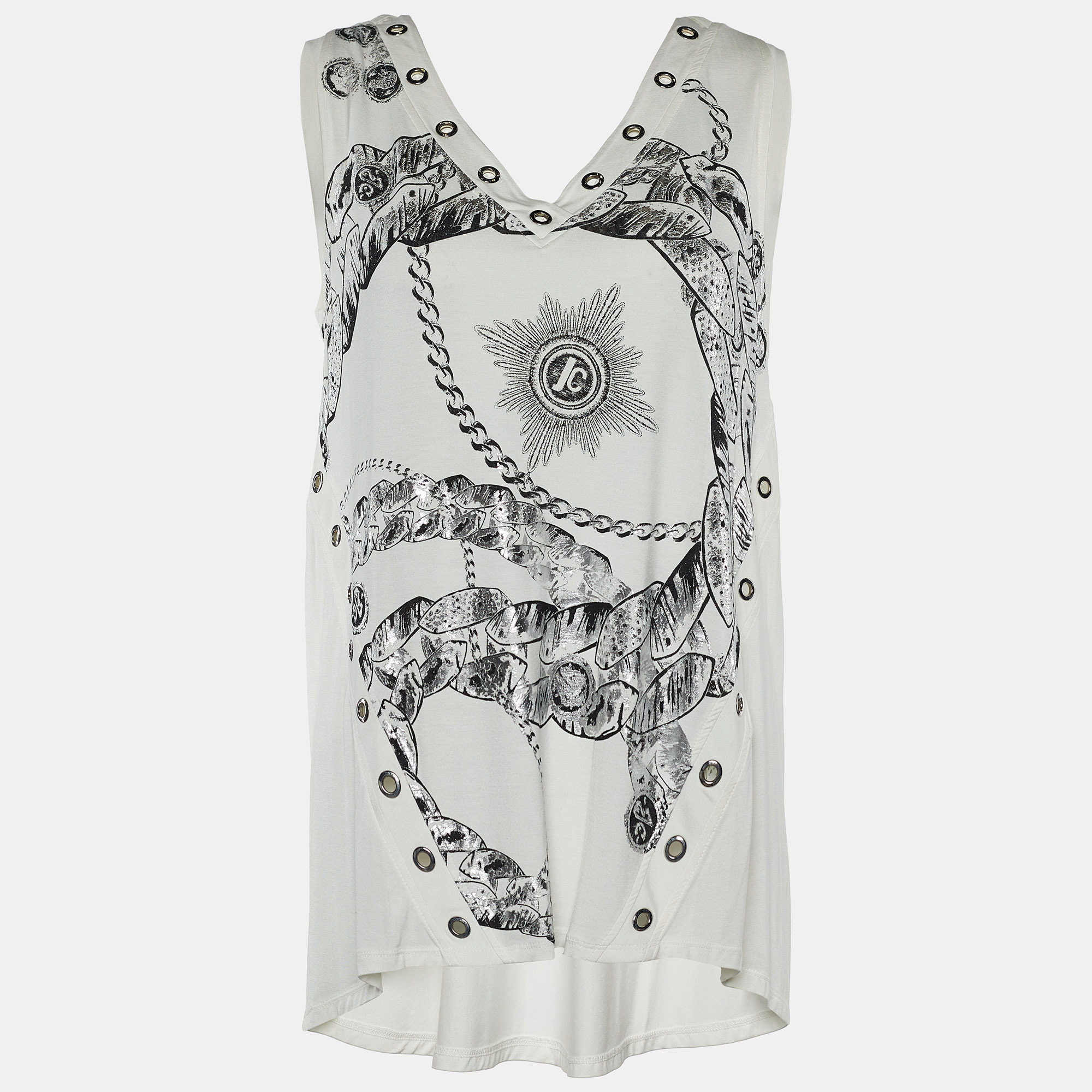 Roberto Cavalli White Printed Jersey Eyelet Top S