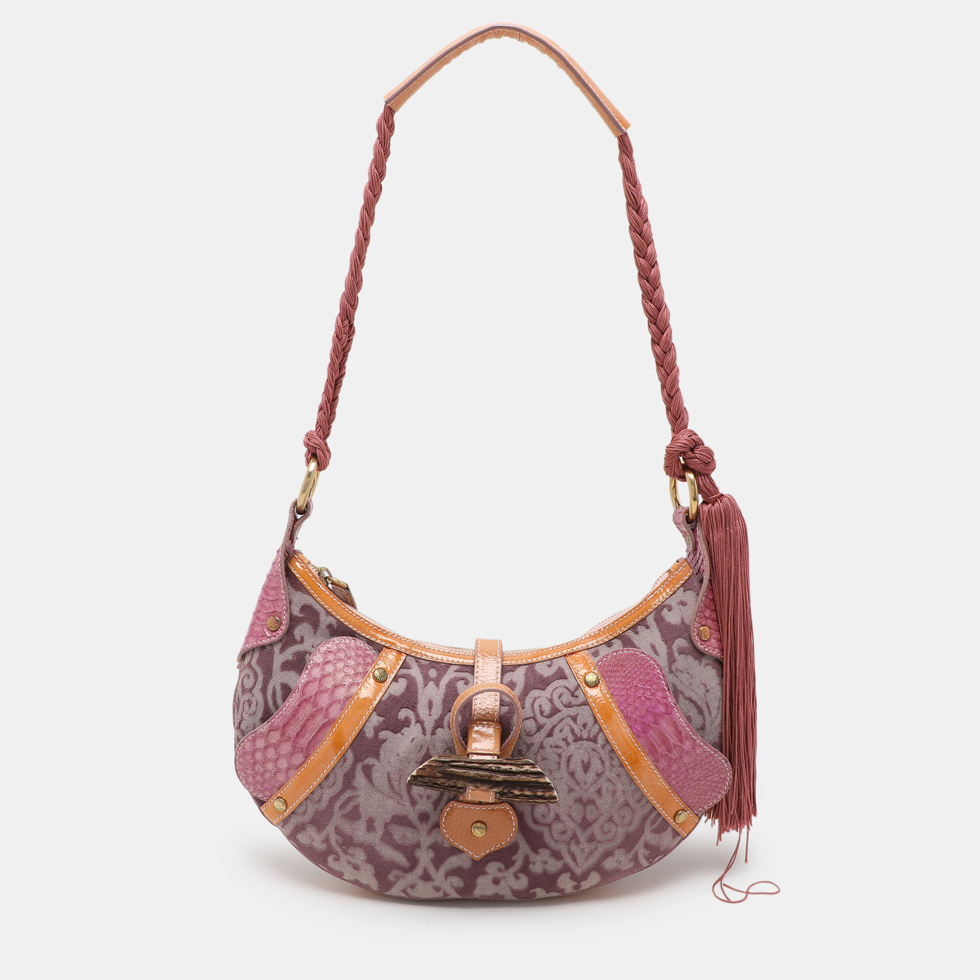 Roberto Cavalli Multicolor Python and Canvas Tassel Shoulder Bag