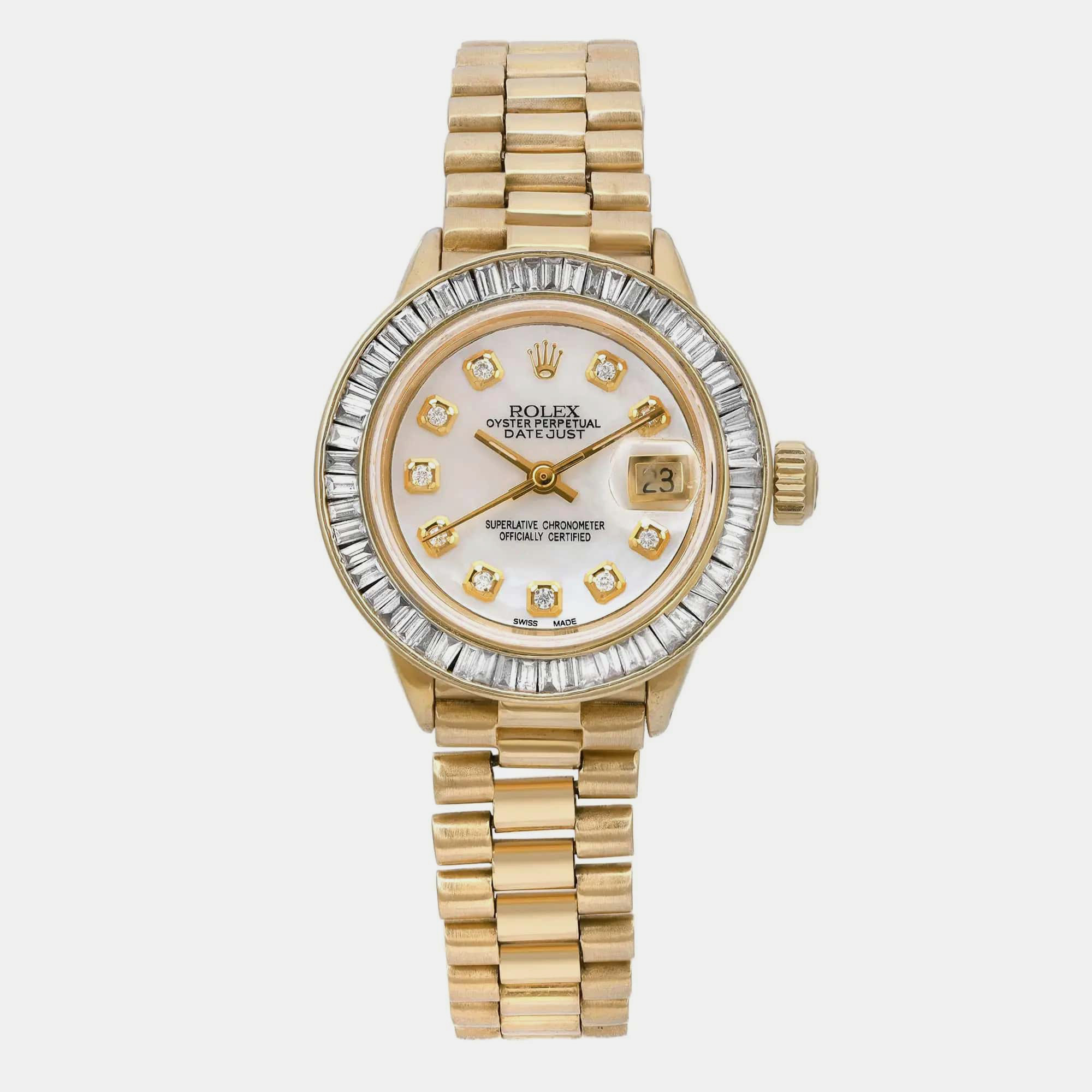 Watches  The Luxury Closet Vintage Rolex Date 18K Yellow Gold Custom Bezel Mop Dial Wristwatch 26 mm