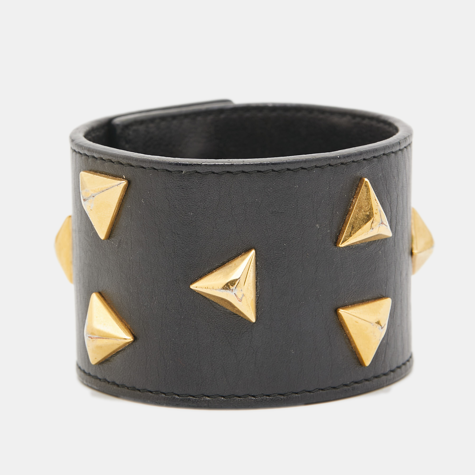 Saint Laurent Paris Black Triangle Studs Leather Gold Tone Cuff Bracelet