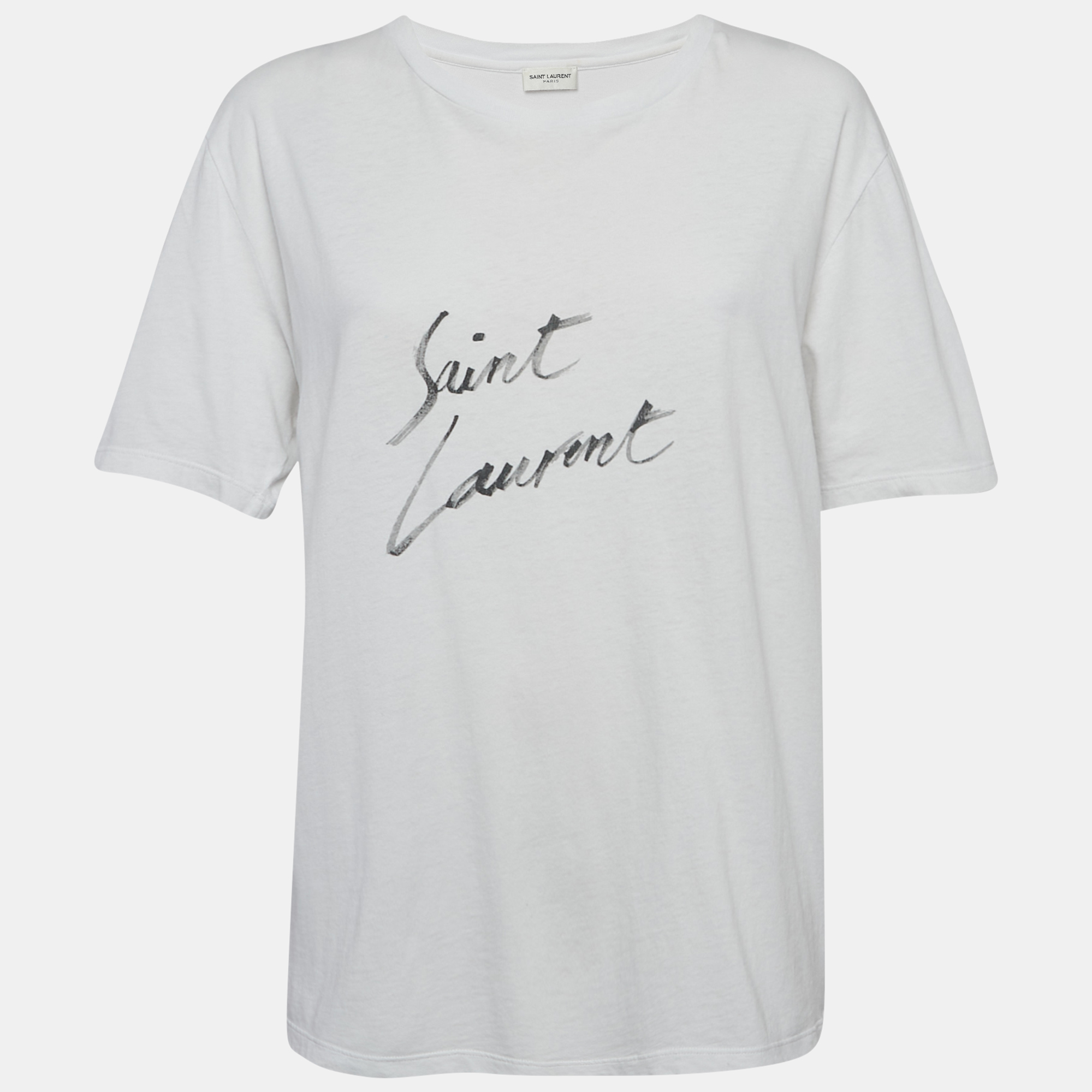 Saint Laurent White Logo Print Cotton Jersey T-Shirt M