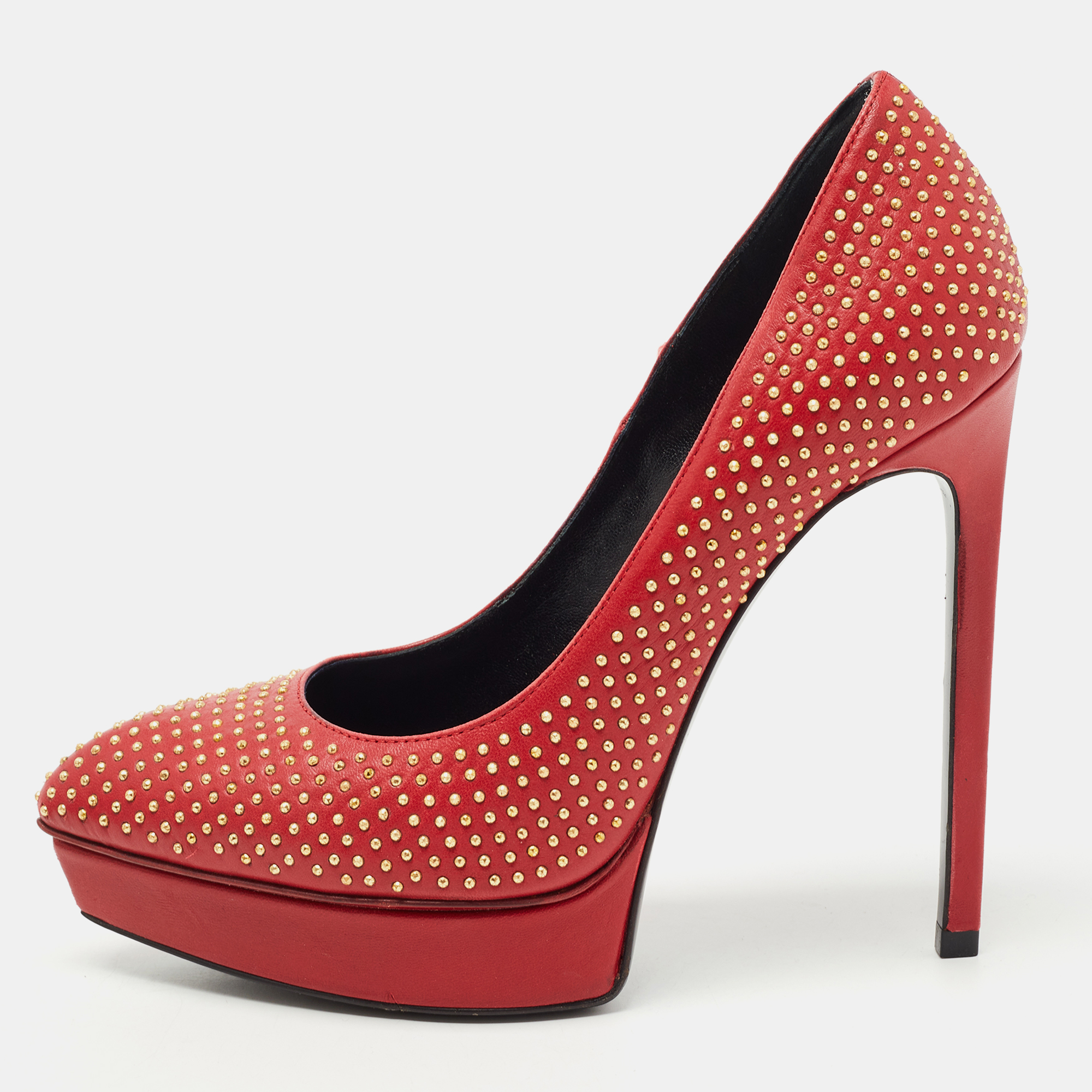 Saint Laurent Red Studded Leather Janis Platform Pumps Size 35.5