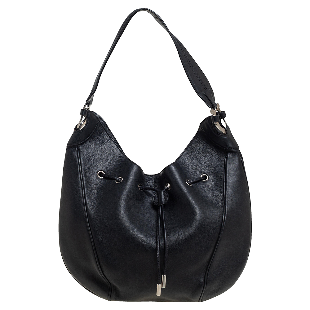 Salvatore Ferragamo Black Leather Drawstring Hobo