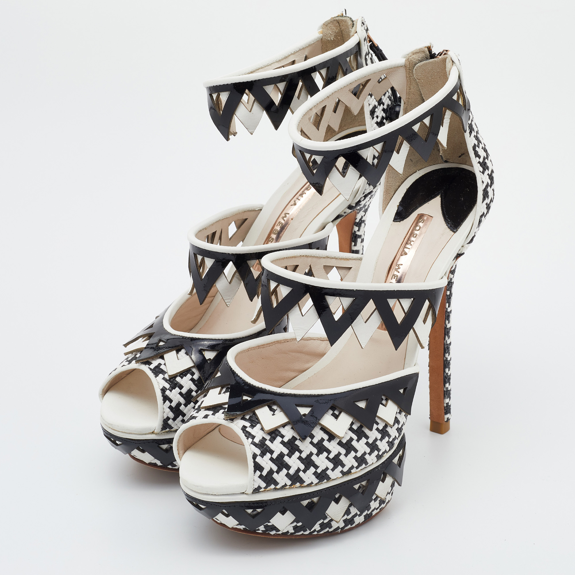 Sophia Webster Black/White Woven Raffia and Leather Platform Ankle Strap Sandals Size 36