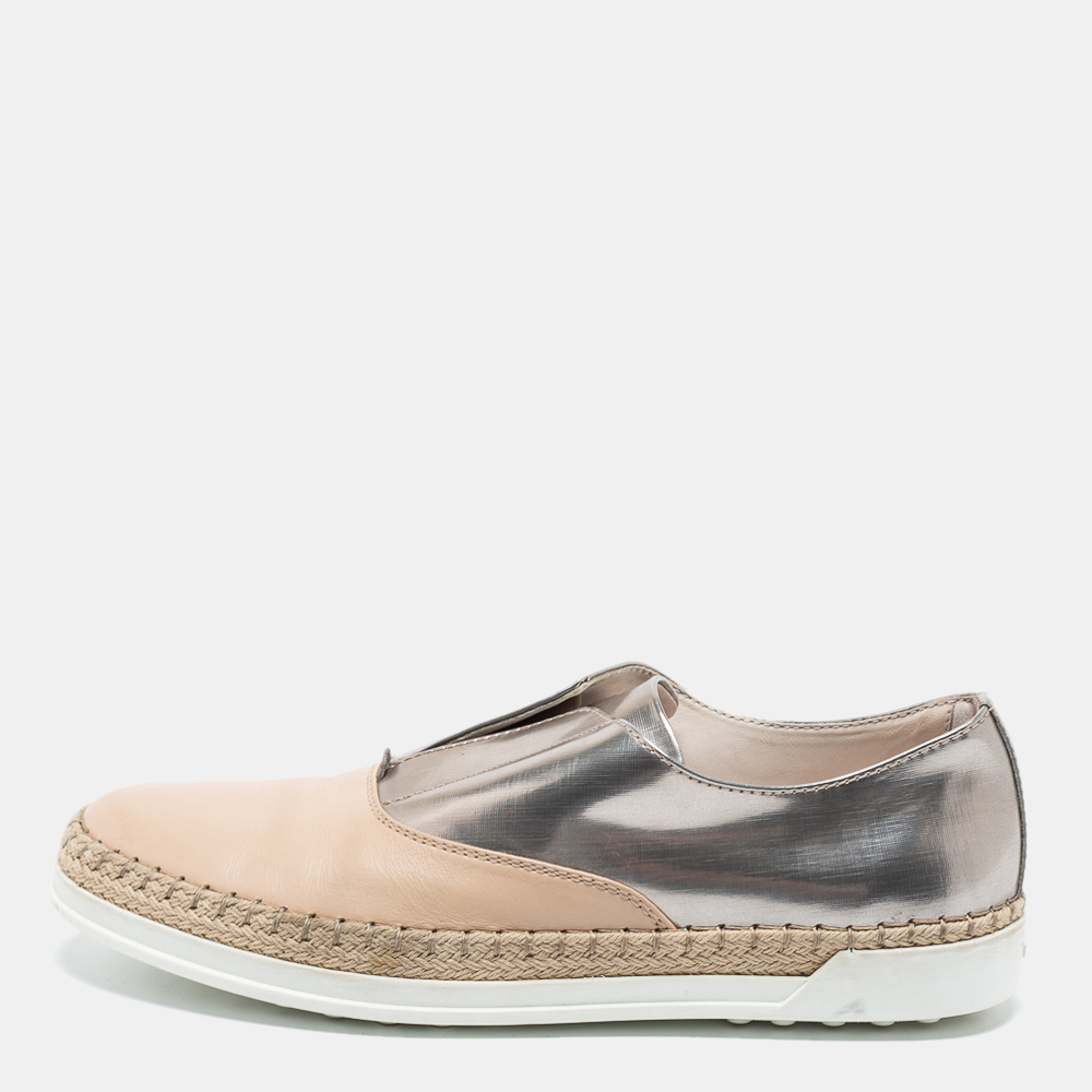   The Luxury Closet Tod's Silver and Beige Patent and  Leather Francesina Slip On Espadrille Sneakers Size 35.5