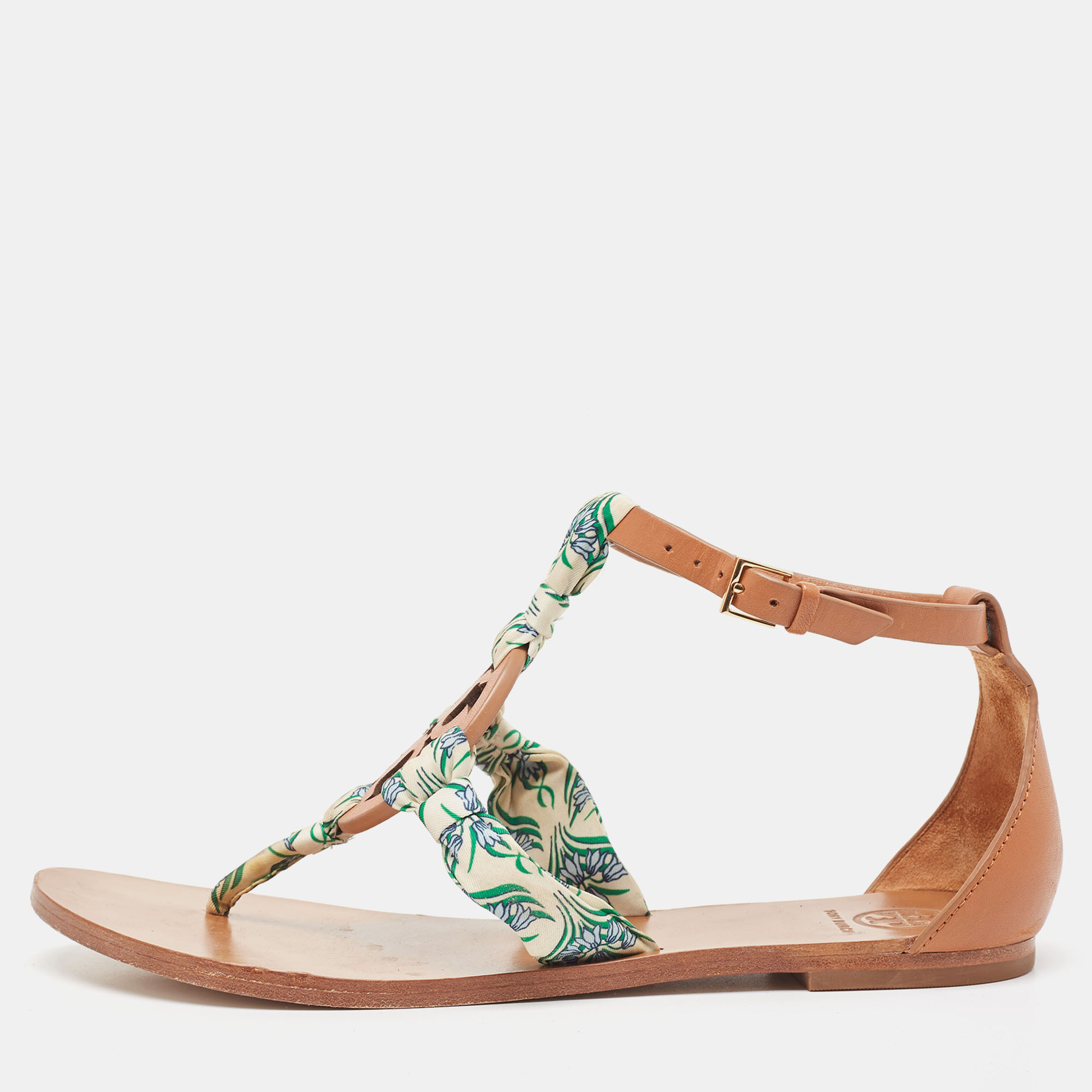 Tory Burch Brown/Cream Leather and Printed Fabric Miller Scarf Thong Flat Sandals Size 38.5