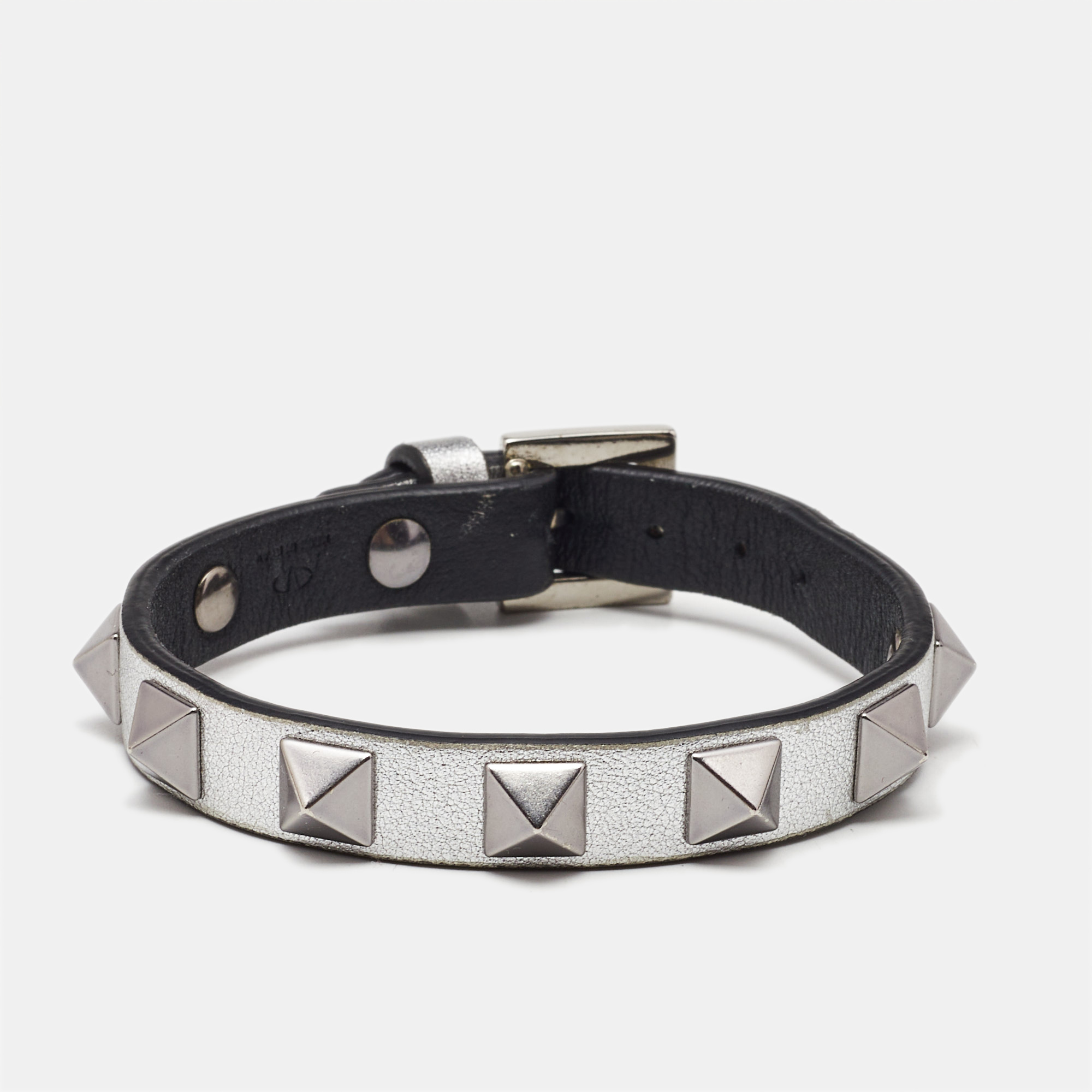 Valentino Rockstud Leather Silver Tone Bracelet