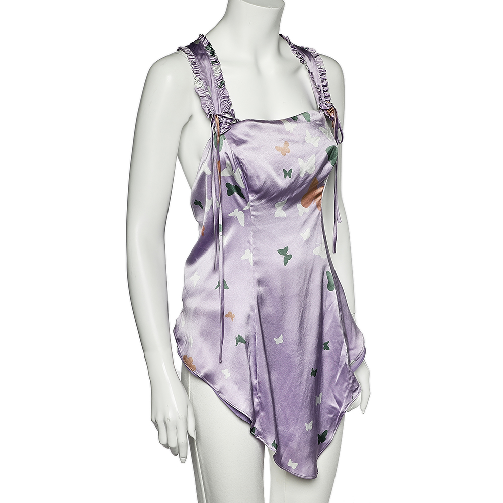 Valentino Lilac Butterfly Printed Silk Satin Asymmetric Hem Camisole M