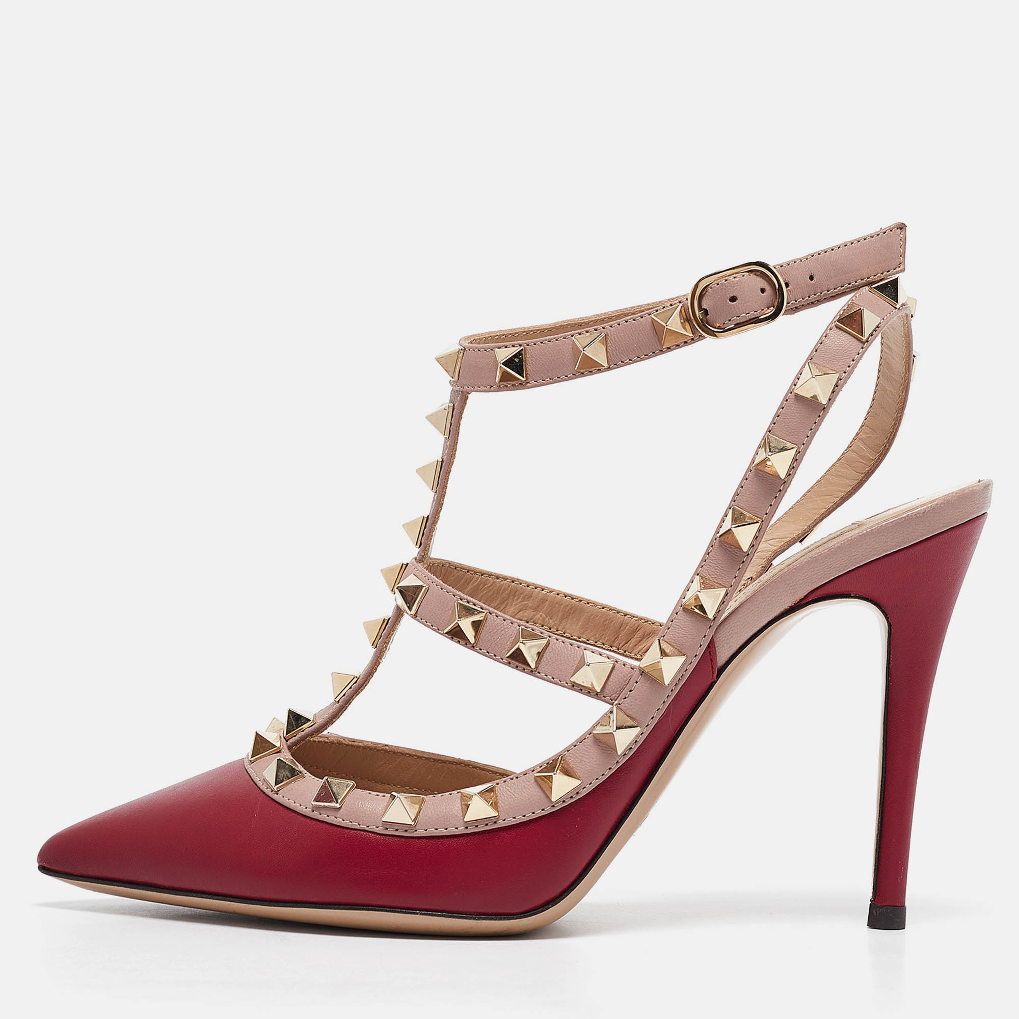 Valentino Burgundy/Dusty Pink Leather Rockstud Ankle Strap Pumps Size 35.5