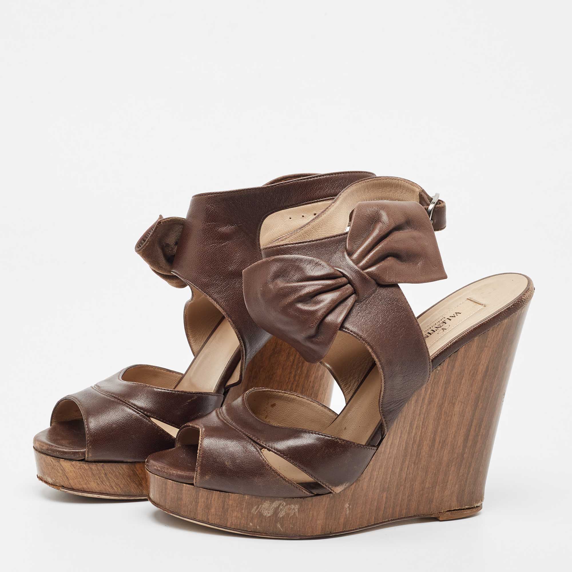   The Luxury Closet Valentino Brown Leather Wedge Sandals Size 37