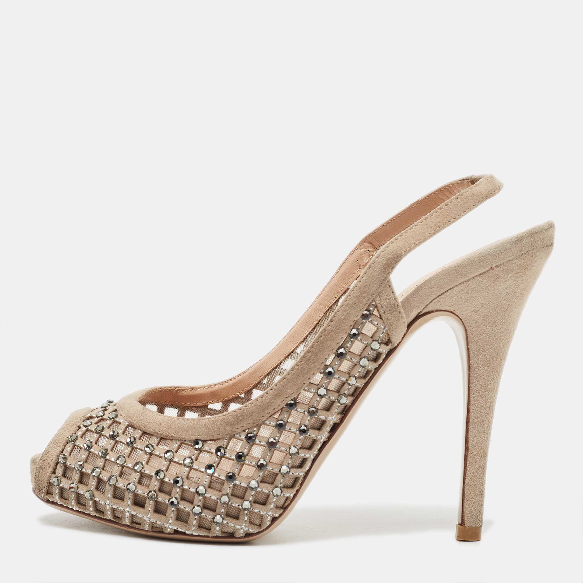 Valentino Beige Crystal Embellished Suede and Mesh Peep Toe Slingback Pumps Size 36.5