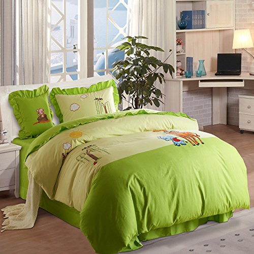 Lt Twin Full Size 100% Cotton Embroidered/embroidery 4-pieces Rabbit Deer Animals Green Deep Green Cute Toddler Cattoon for Kids Print Bedding Duvet Cover Set/bed Linens/bed Sheet Sets/bedclothes/bedding Sets/bed Sets/bed Covers/bedroom Sets/5-pieces Com