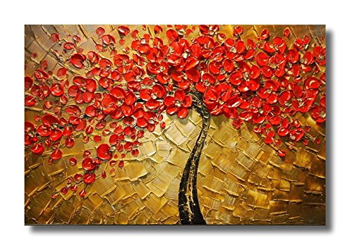 Wieco Art - Modern 100% Hand Painted Canvas painting Art Work for Wall Decor Home Decoration, Stretched and Framed Painting Artwork, Abstract Red Flower Oil Paintings on Canvas Wall Art Ready to Hang for Wall Decorations Home Decor