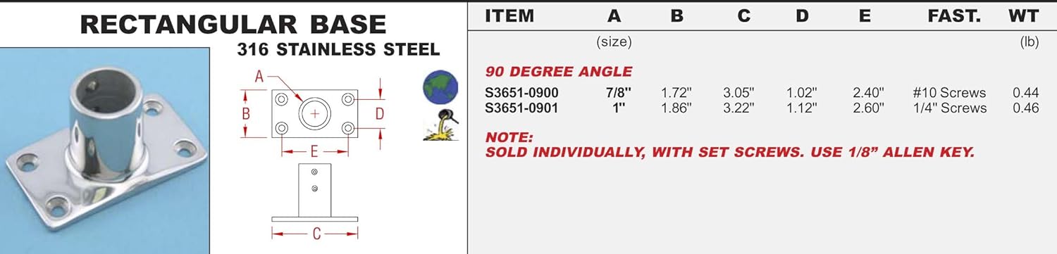 316 Stainless Rectangular Base 1 90 Degree Angle (S3651-0901)