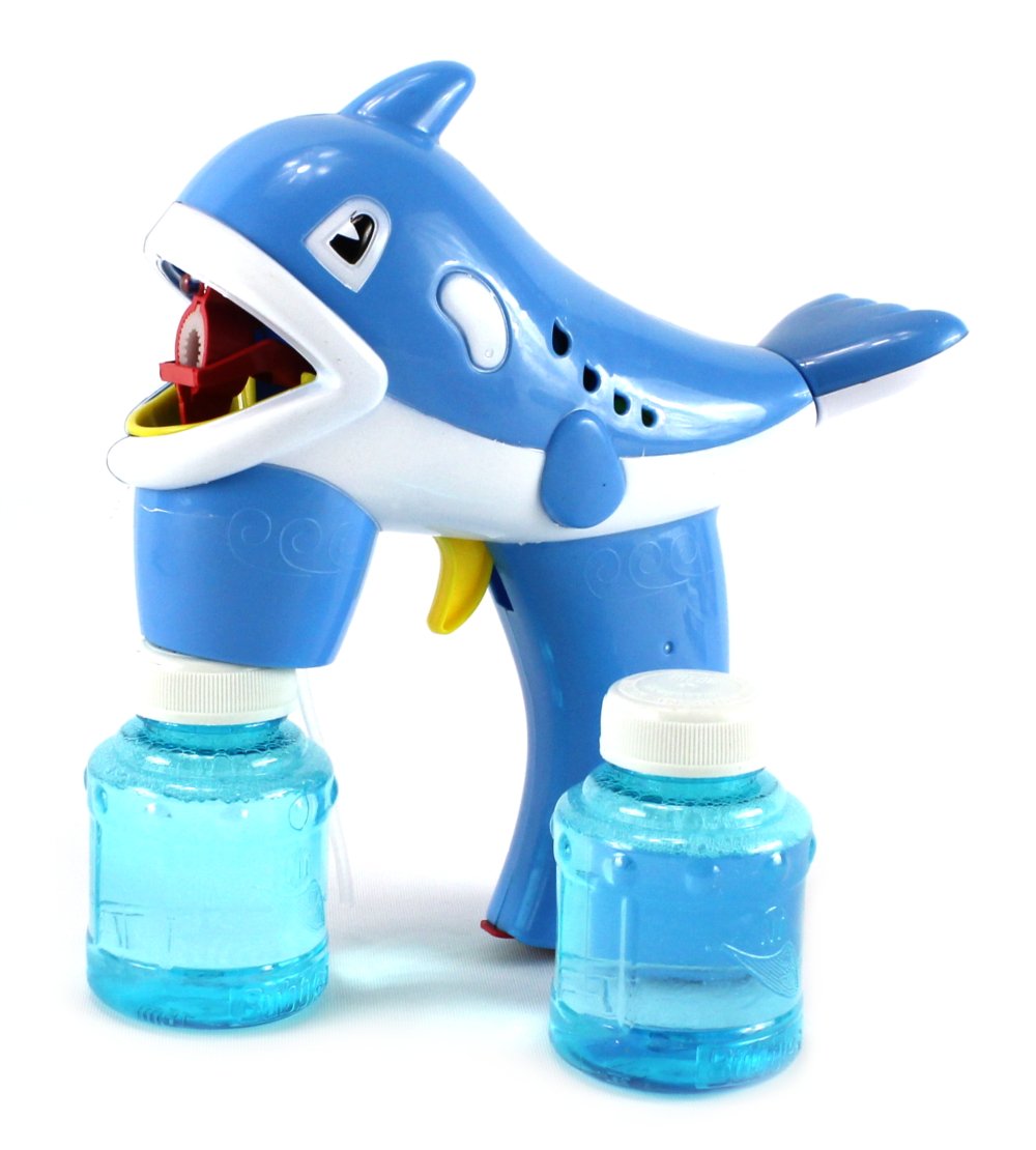 Happy Dolphin Battery Operated Toy Bubble Blowing Gun w/ 2 Bottles of Bubble Liquid (Colors May Vary)