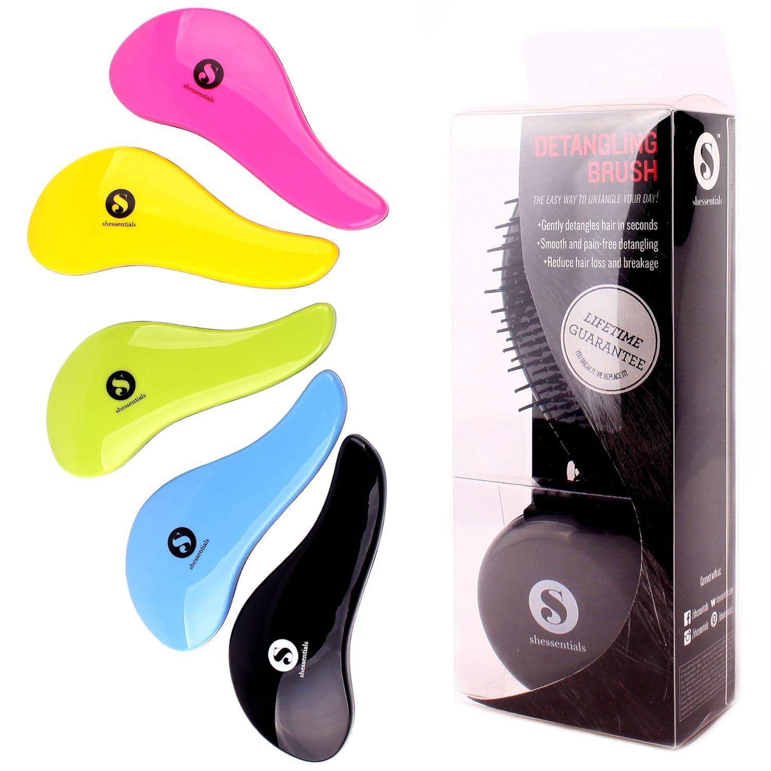 SHESSENTIALS Detangling Hair Brush for Smooth and Pain-free Styling to Reduce Hair Loss and Breakage - Perfect for Every Type of Thick, Fine, Black, Natural, Curly, or Thin Hair - The Ultimate Detangler for Adults and Kids, Wet or Dry Hair - The Only Det