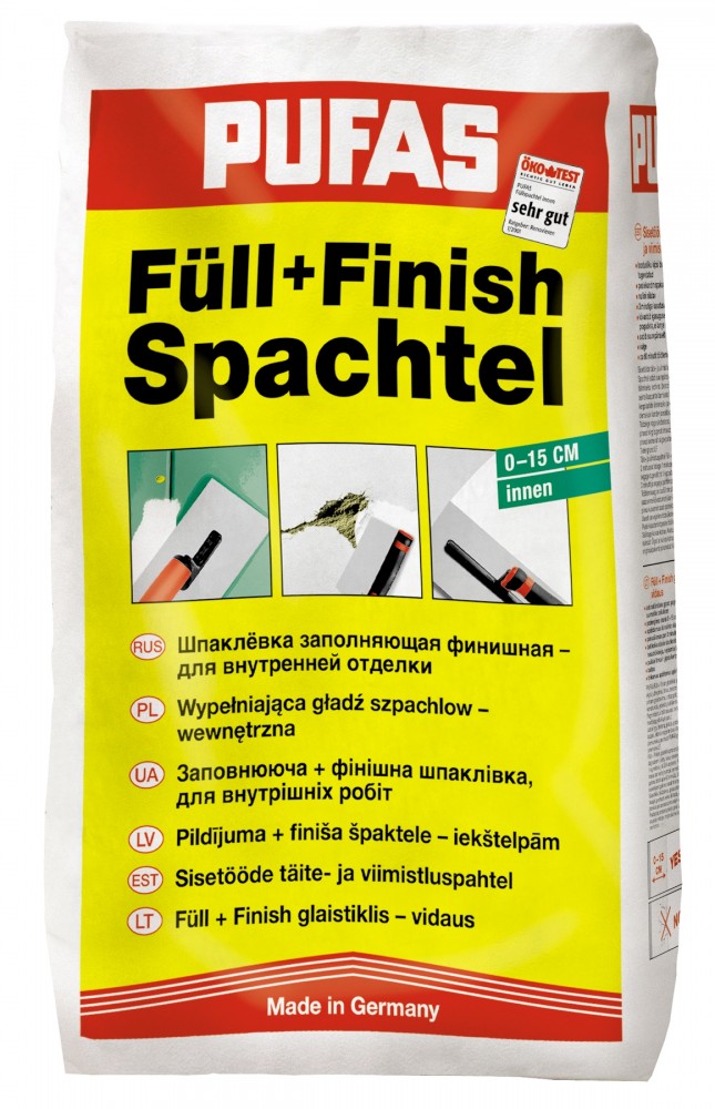 Сухие шпатлевки Pufas Füll+Finish 20 кг, Шпатлевка гипсовая финишная (белая)